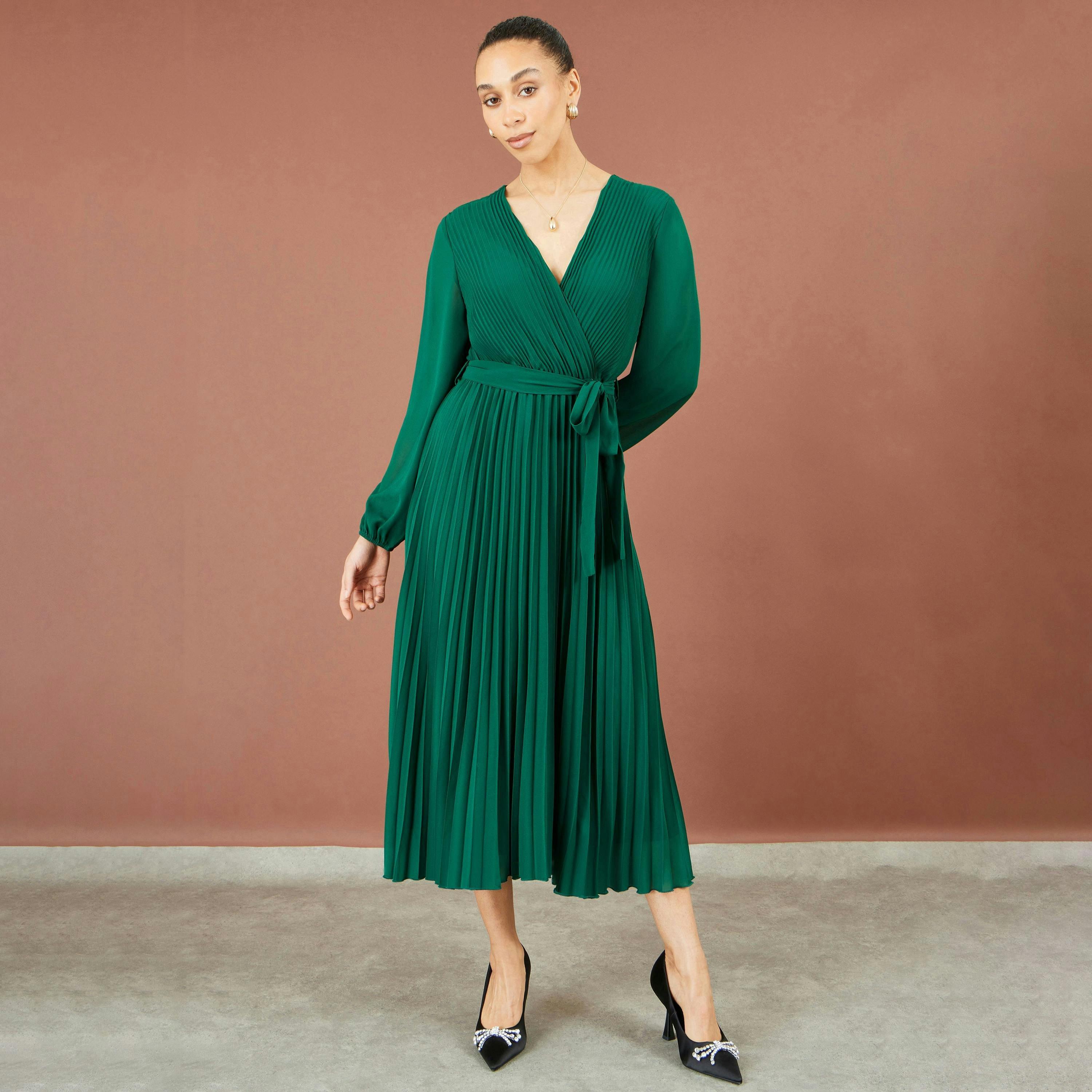 Yumi Green Pleated Wrap Midi Dress , view 2 of 5