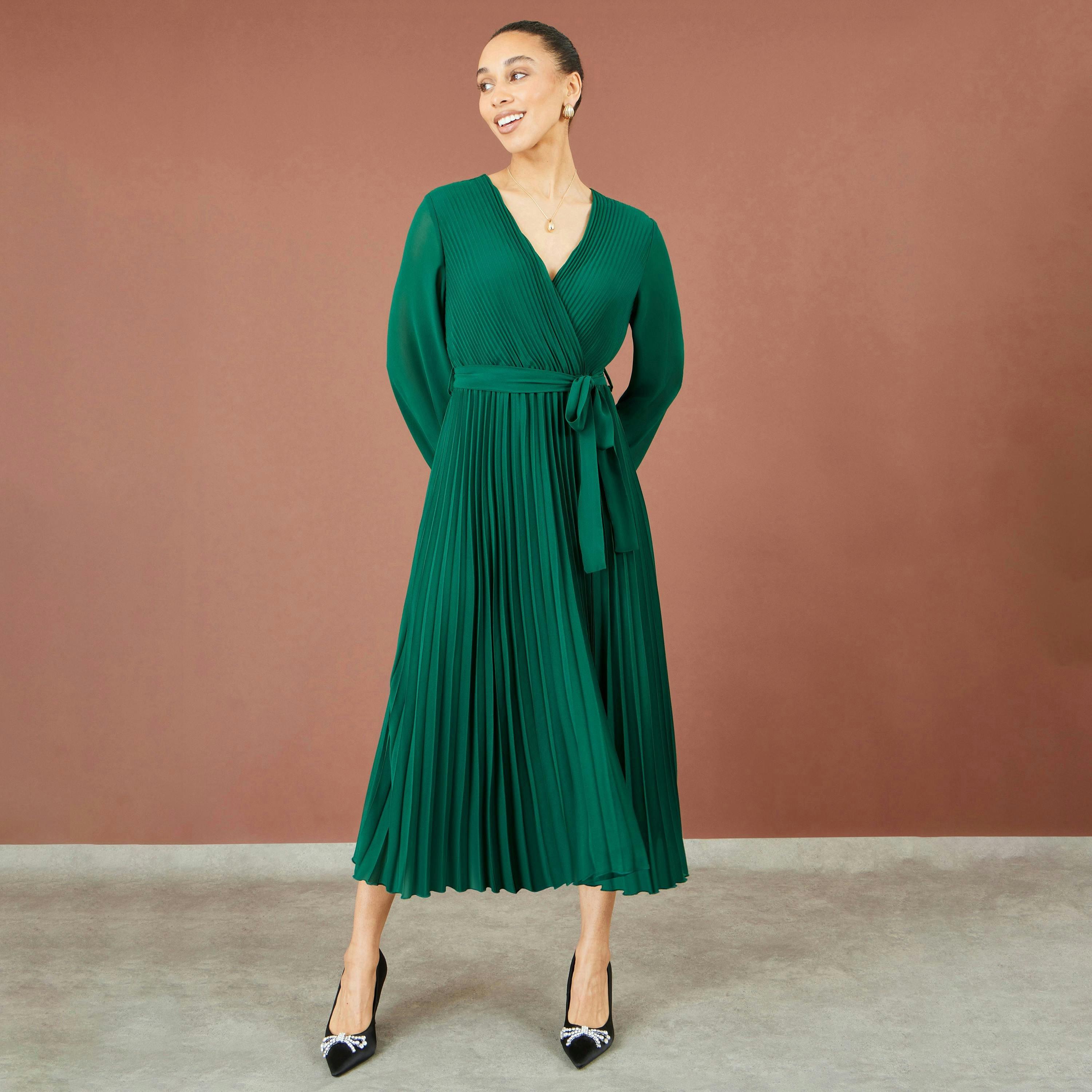 Yumi Green Pleated Wrap Midi Dress , view 3 of 5