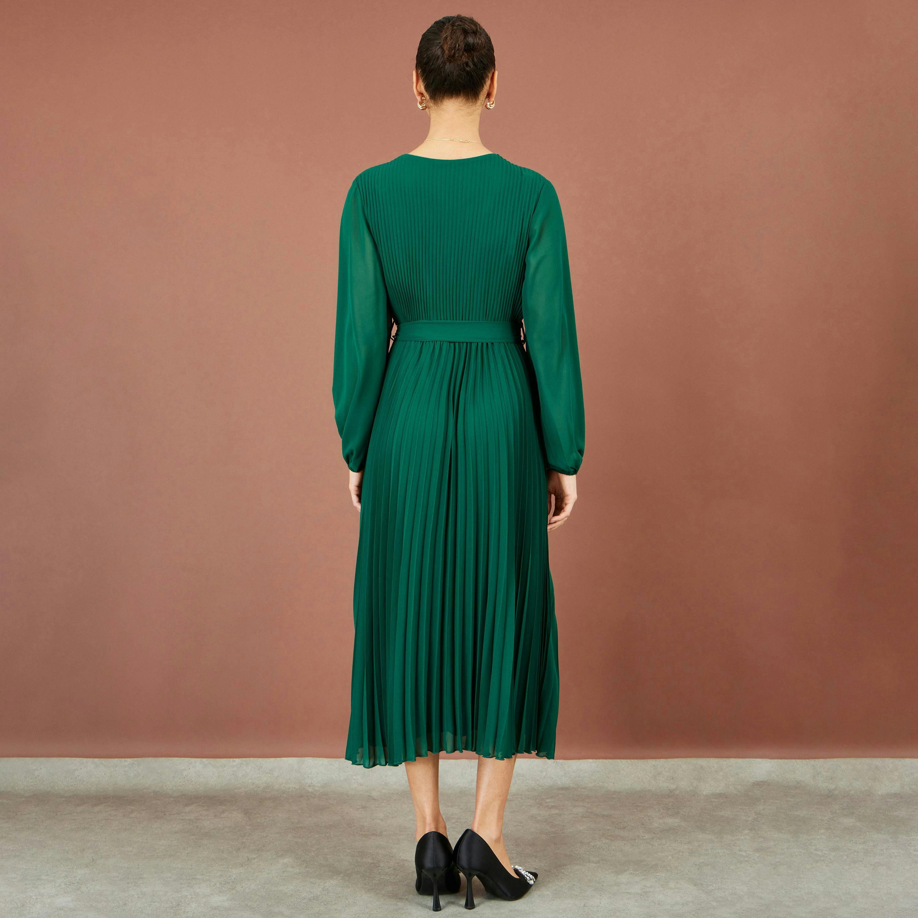 Yumi Green Pleated Wrap Midi Dress , view 4 of 5