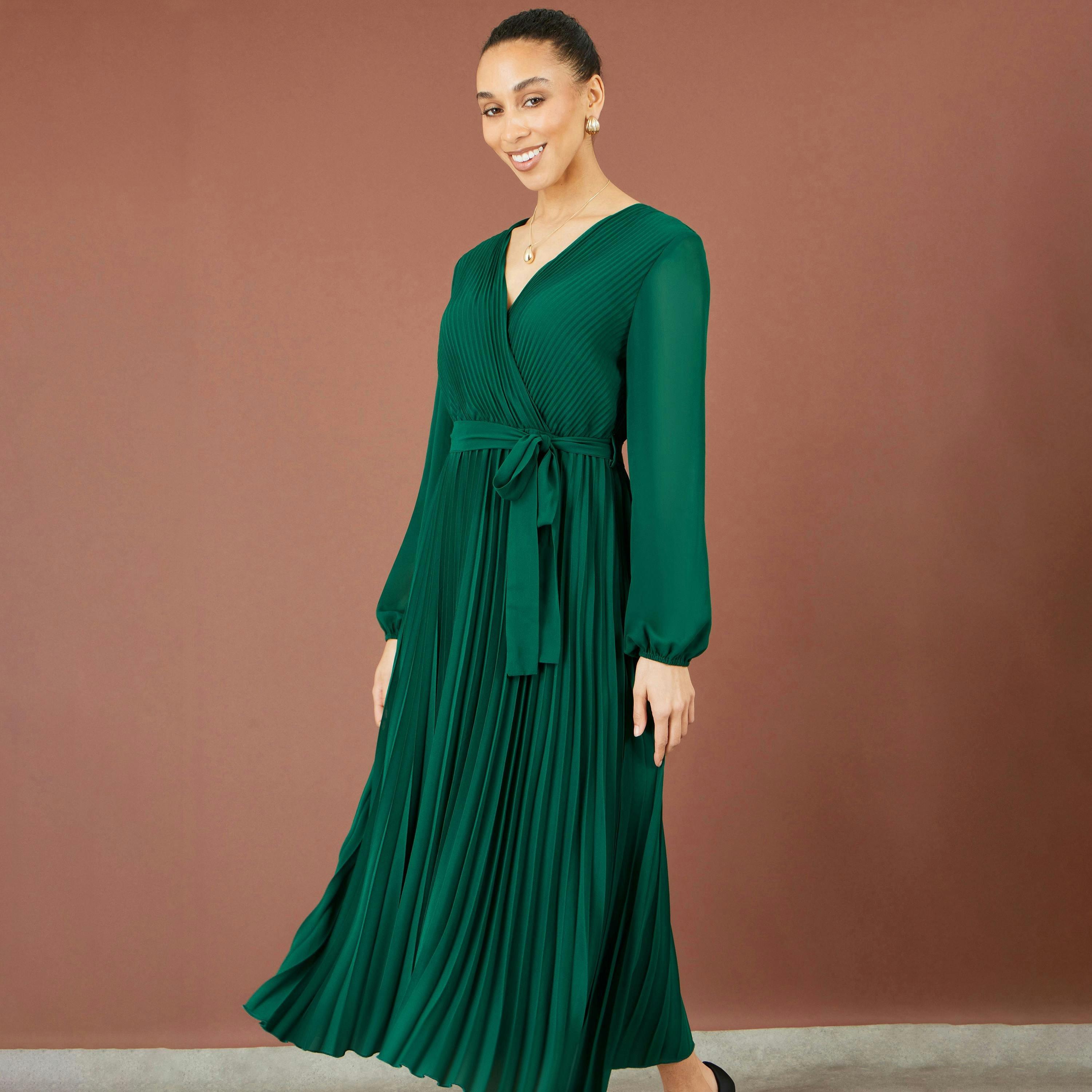 Yumi Green Pleated Wrap Midi Dress , view 5 of 5