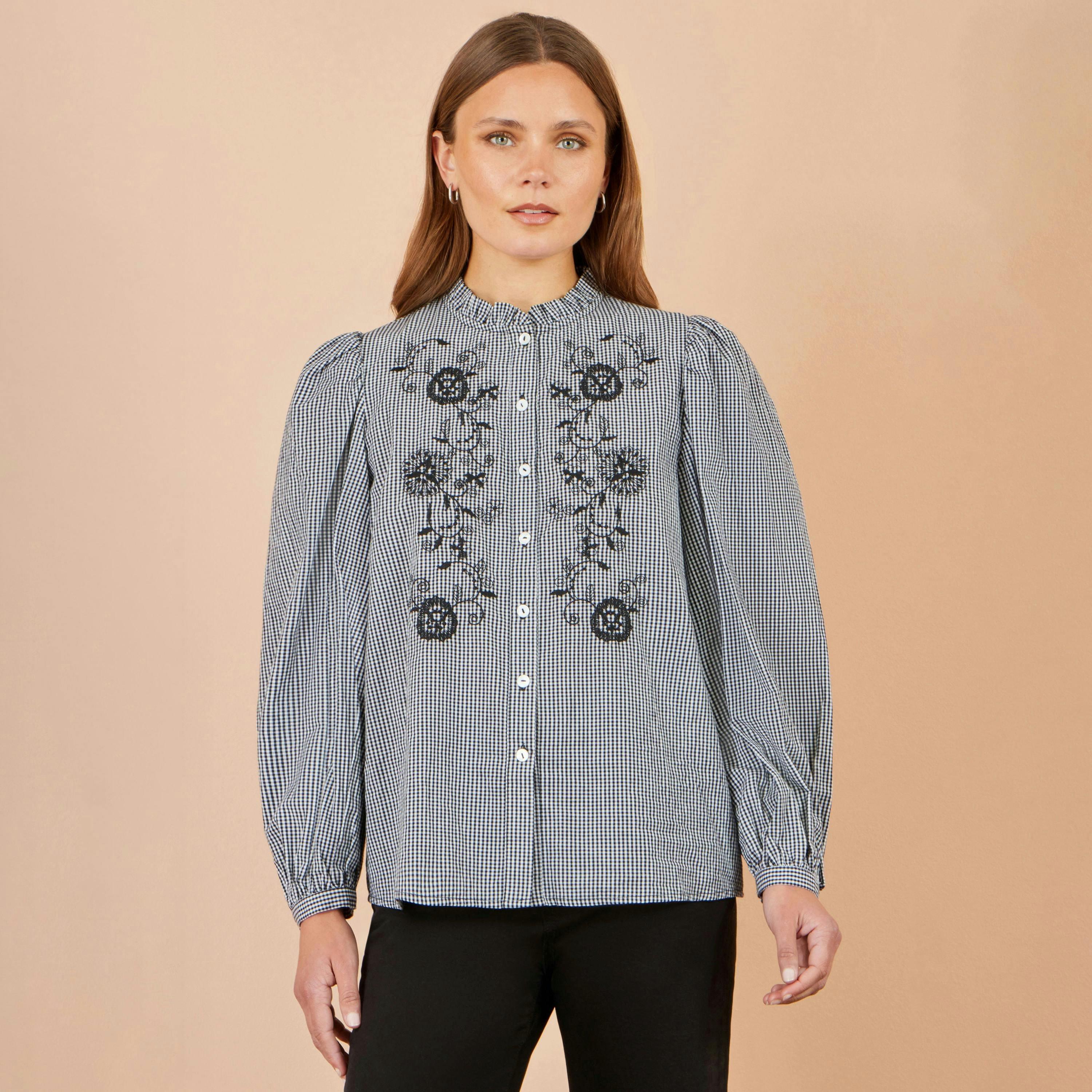 Yumi Black Cotton Gingham Embroidered Shirt , view 2 of 5