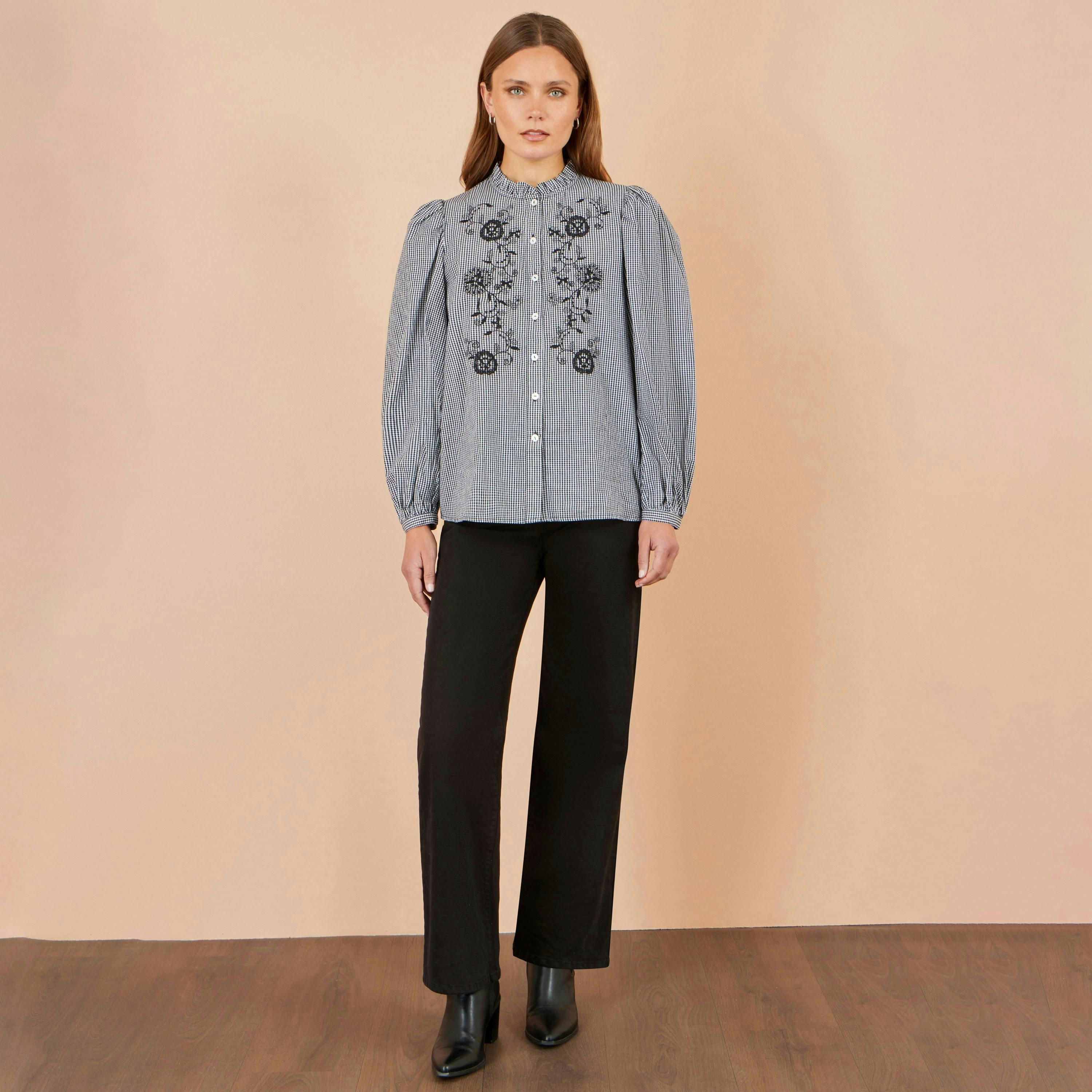 Yumi Black Cotton Gingham Embroidered Shirt , view 3 of 5