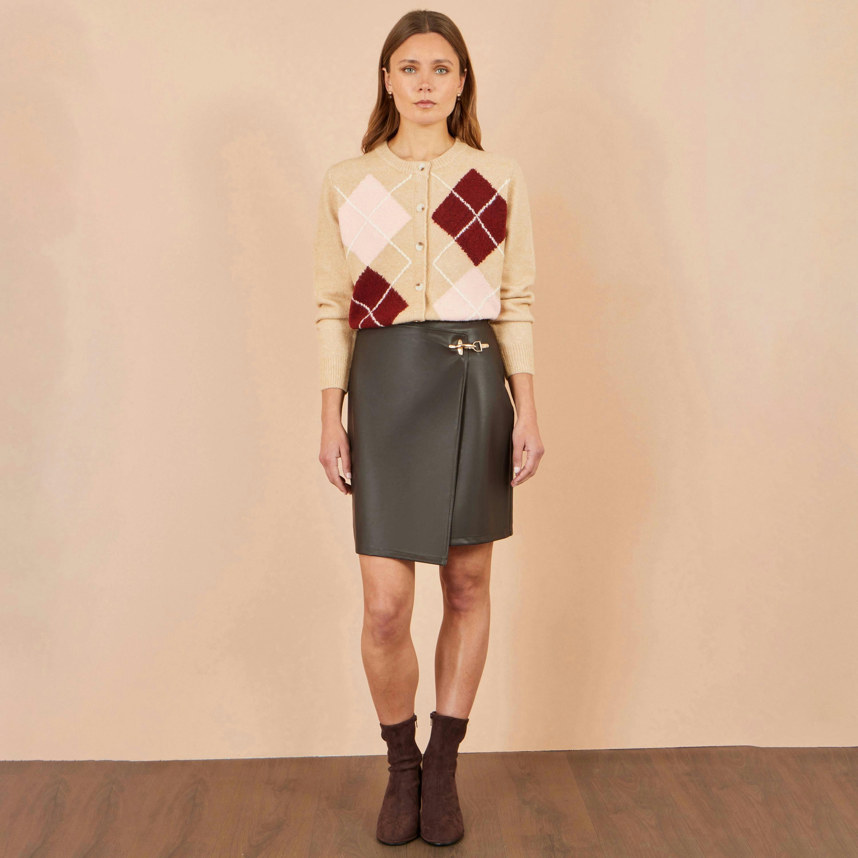 Yumi Brown Faux Leather Wrap Mini Skirt , view 2 of 3