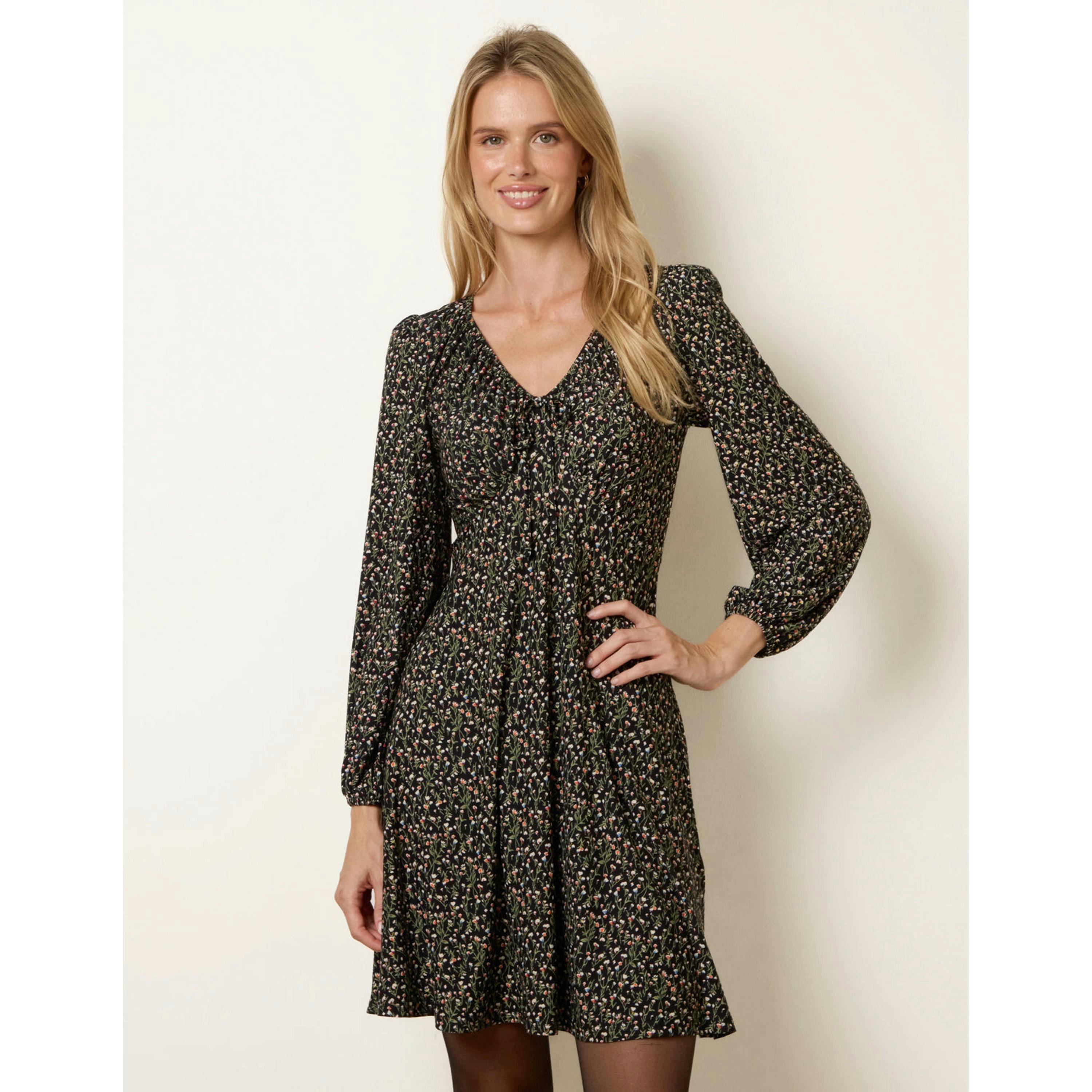 Blue Vanilla Floral Neck Swing Dress With Tie  in Black , view 1 of 4