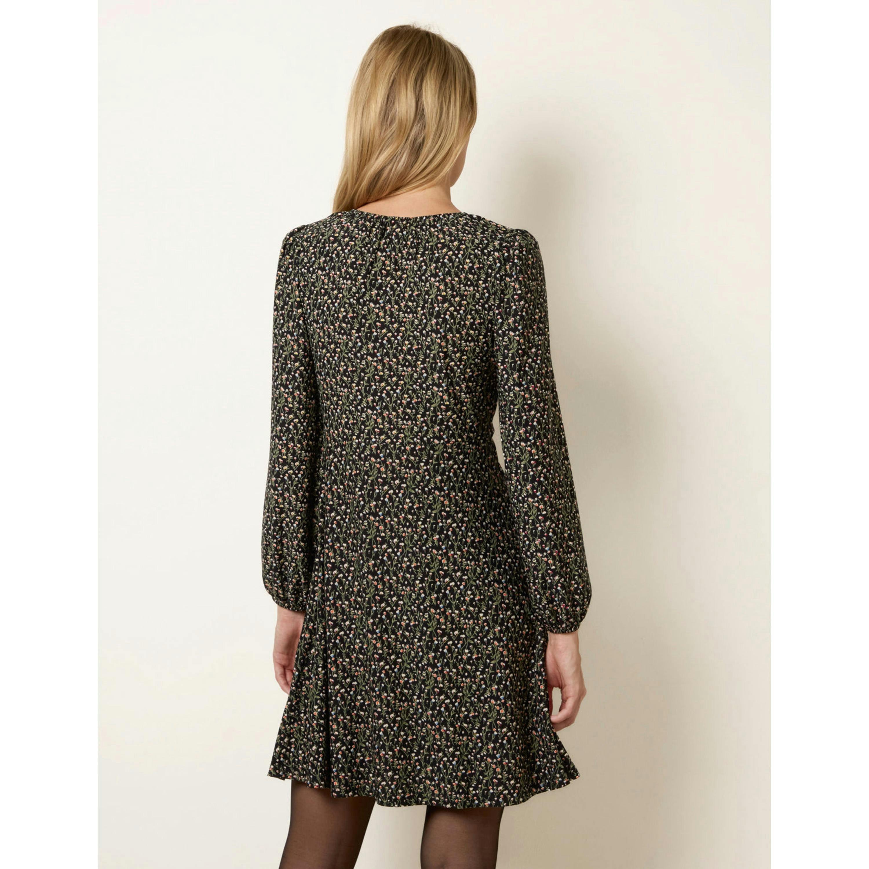 Blue Vanilla Floral Neck Swing Dress With Tie  in Black , view 2 of 4