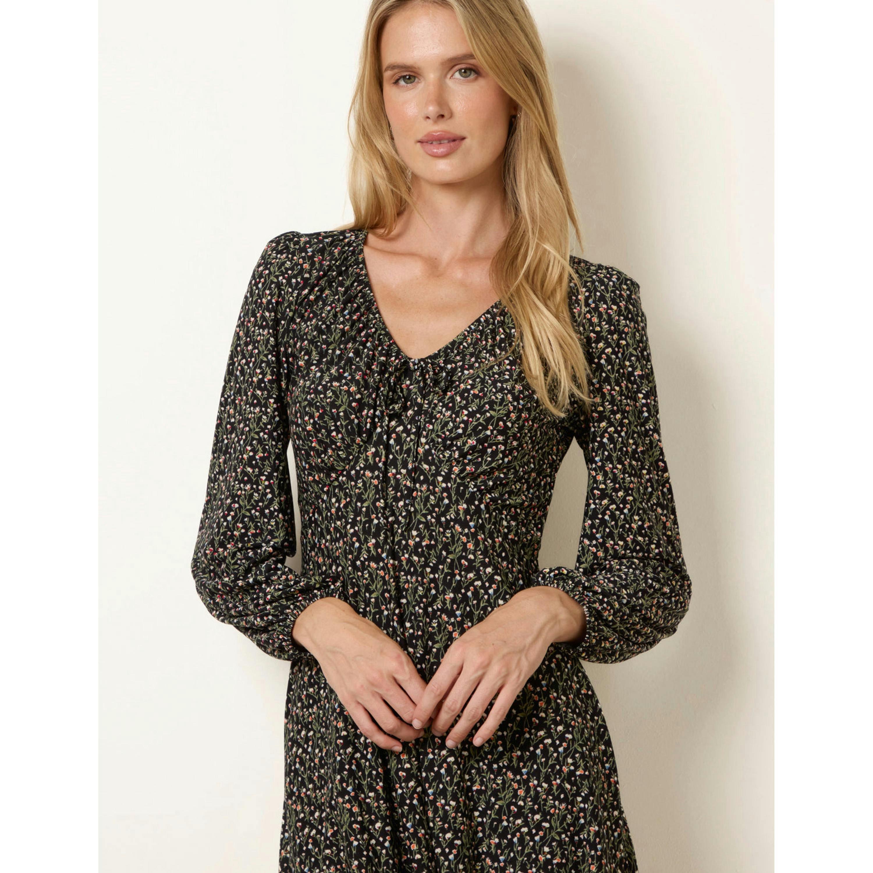 Blue Vanilla Floral Neck Swing Dress With Tie  in Black , view 3 of 4