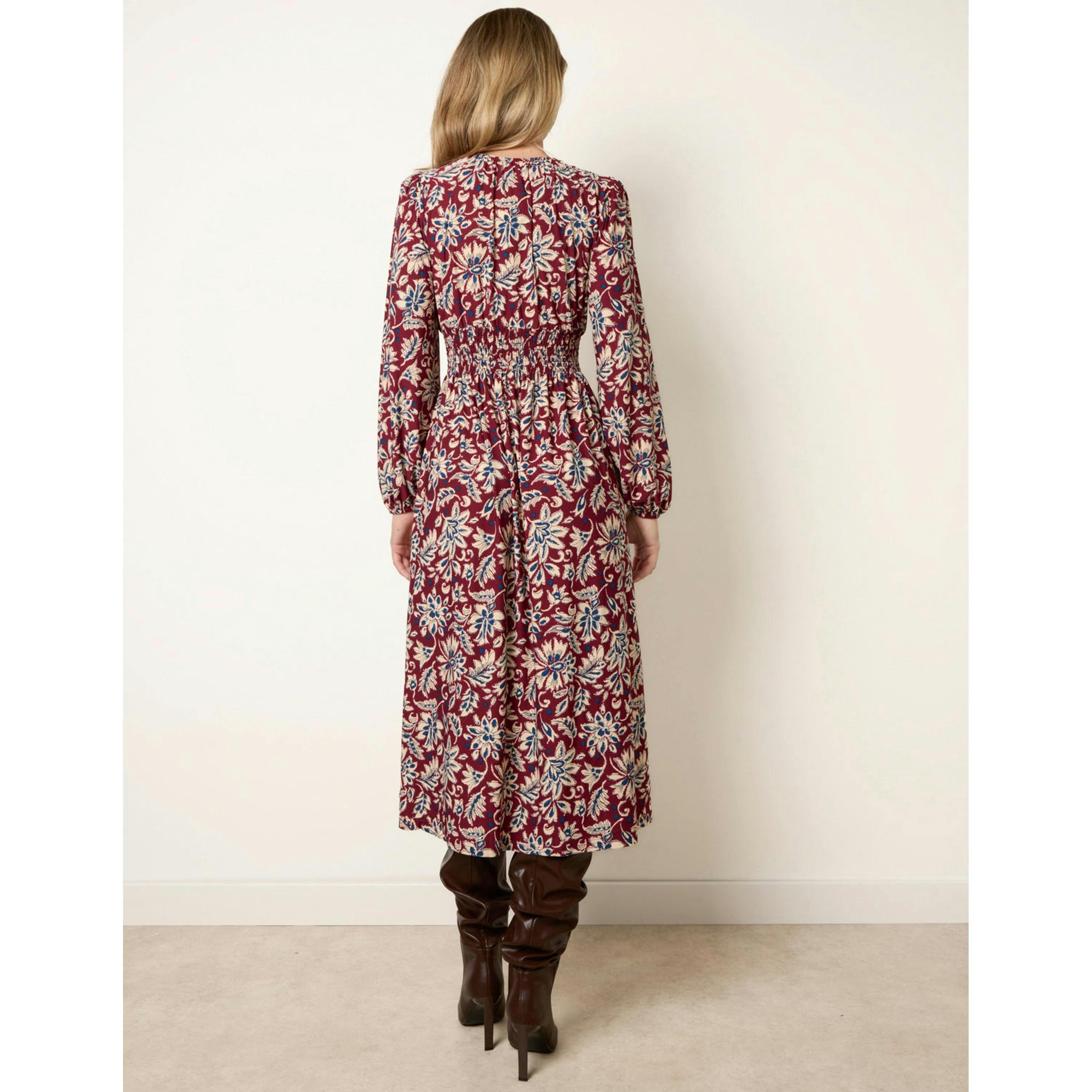 Blue Vanilla V Neck Elasticated Midi Dress  in Wine , view 2 of 4