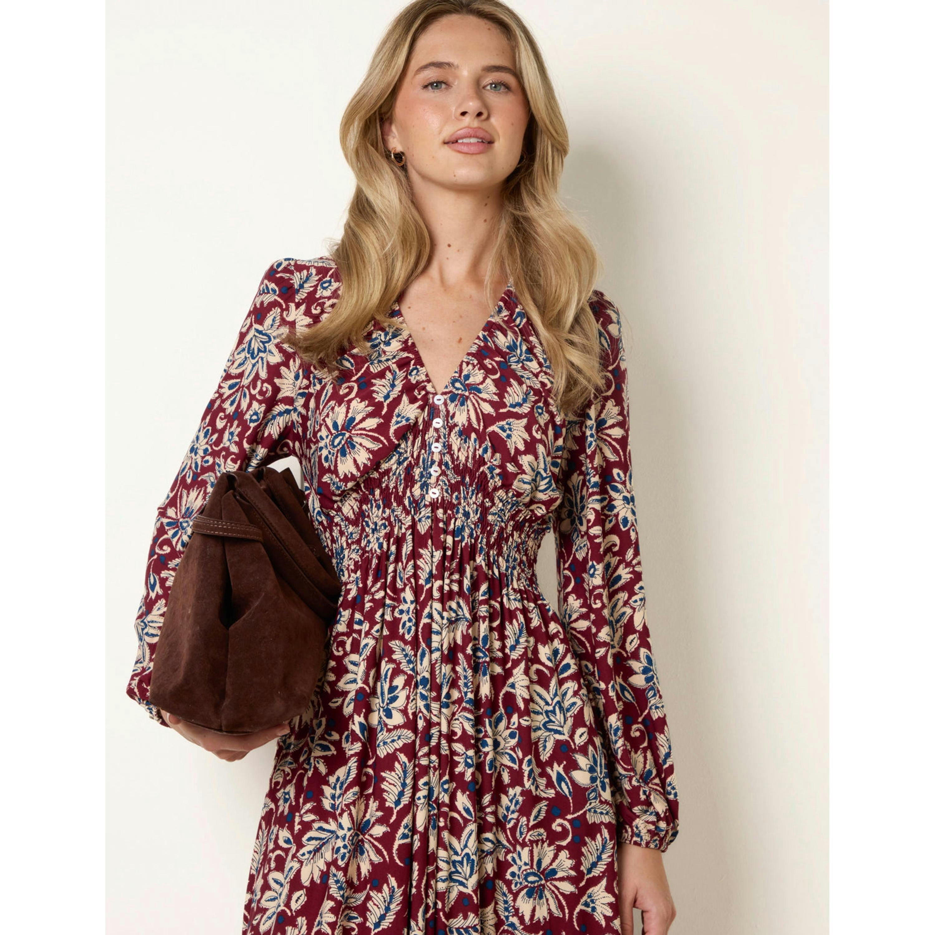 Blue Vanilla V Neck Elasticated Midi Dress  in Wine , view 3 of 4