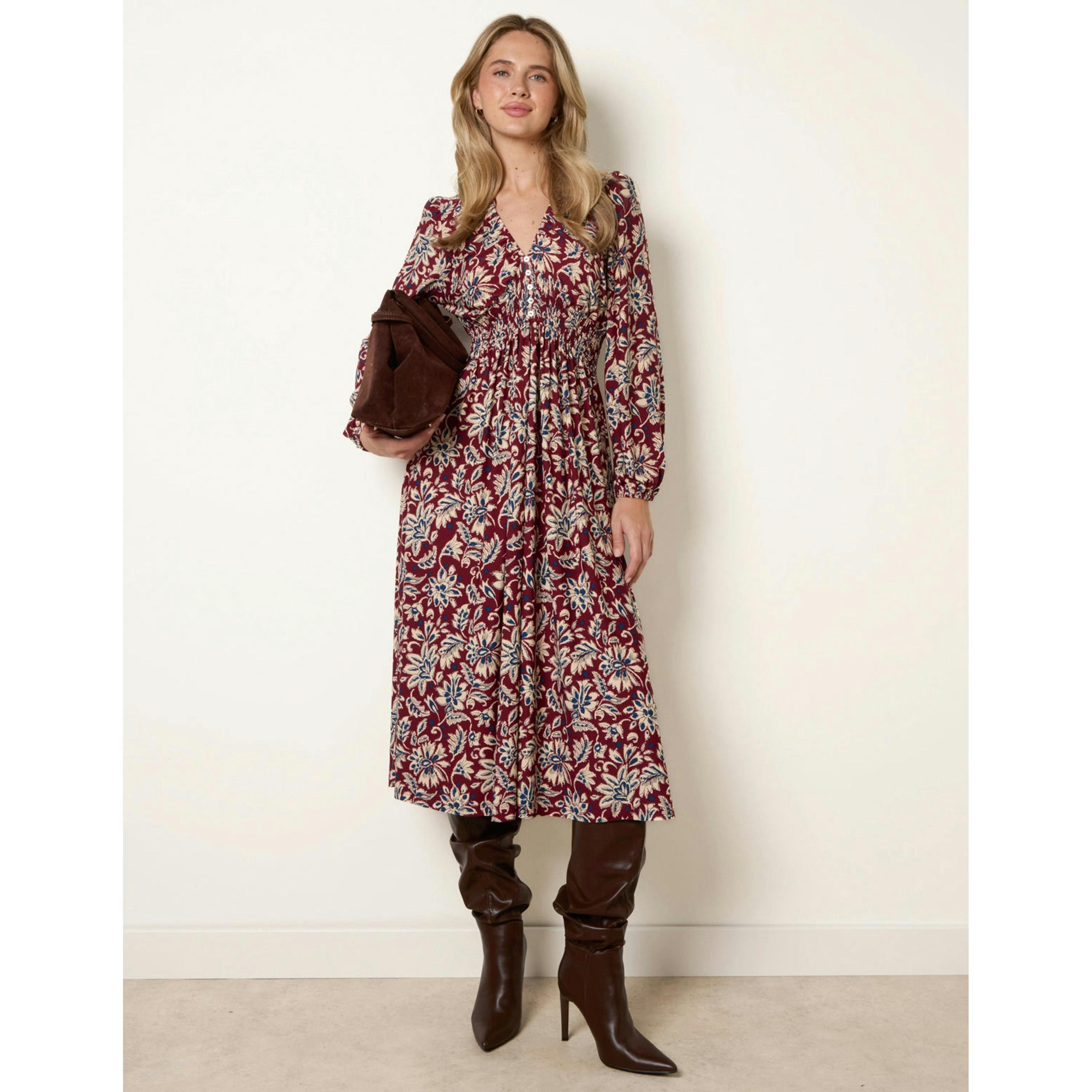 Blue Vanilla V Neck Elasticated Midi Dress  in Wine , view 4 of 4