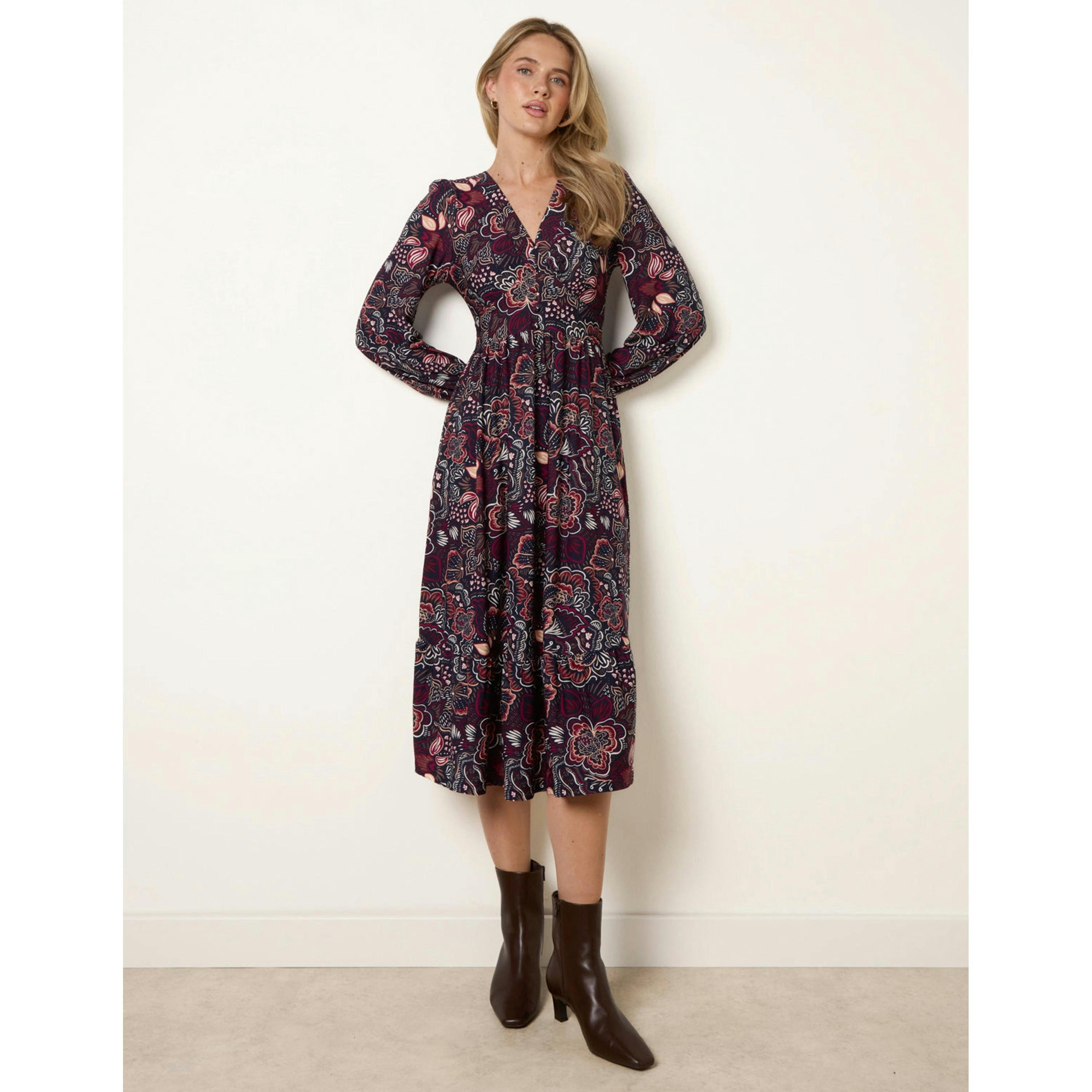 Blue Vanilla Button Front V Neck Midi Dress With Pockets  in Navy , view 4 of 5