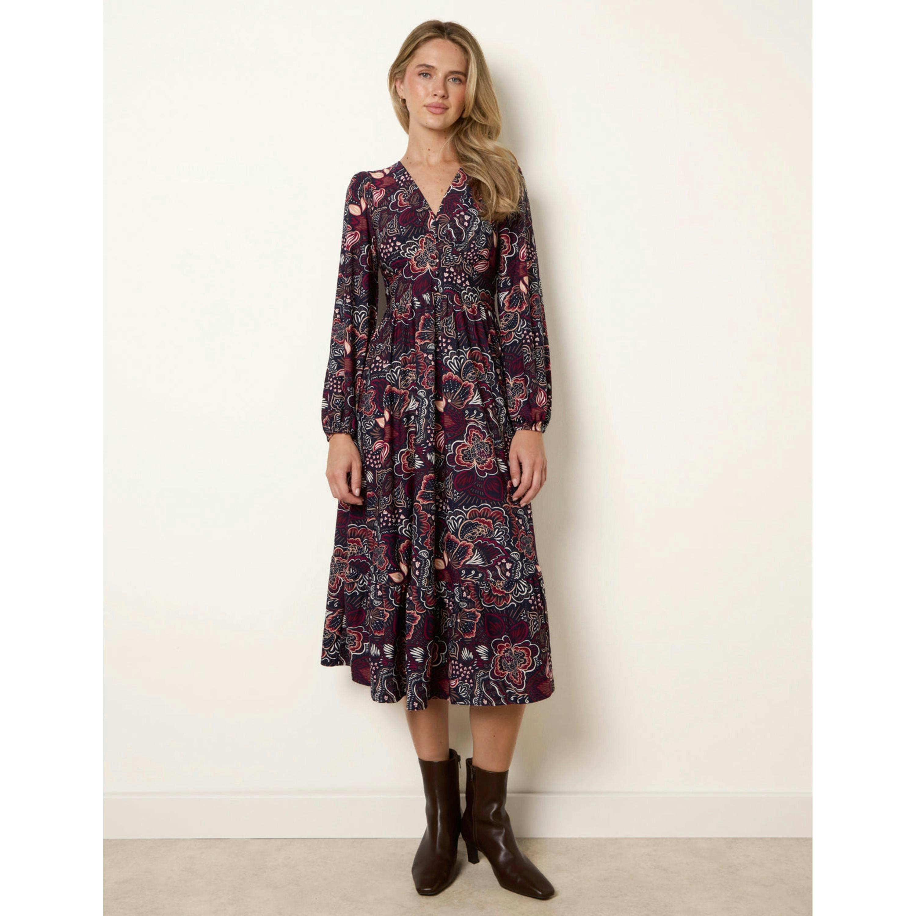 Blue Vanilla Button Front V Neck Midi Dress With Pockets  in Navy , view 5 of 5