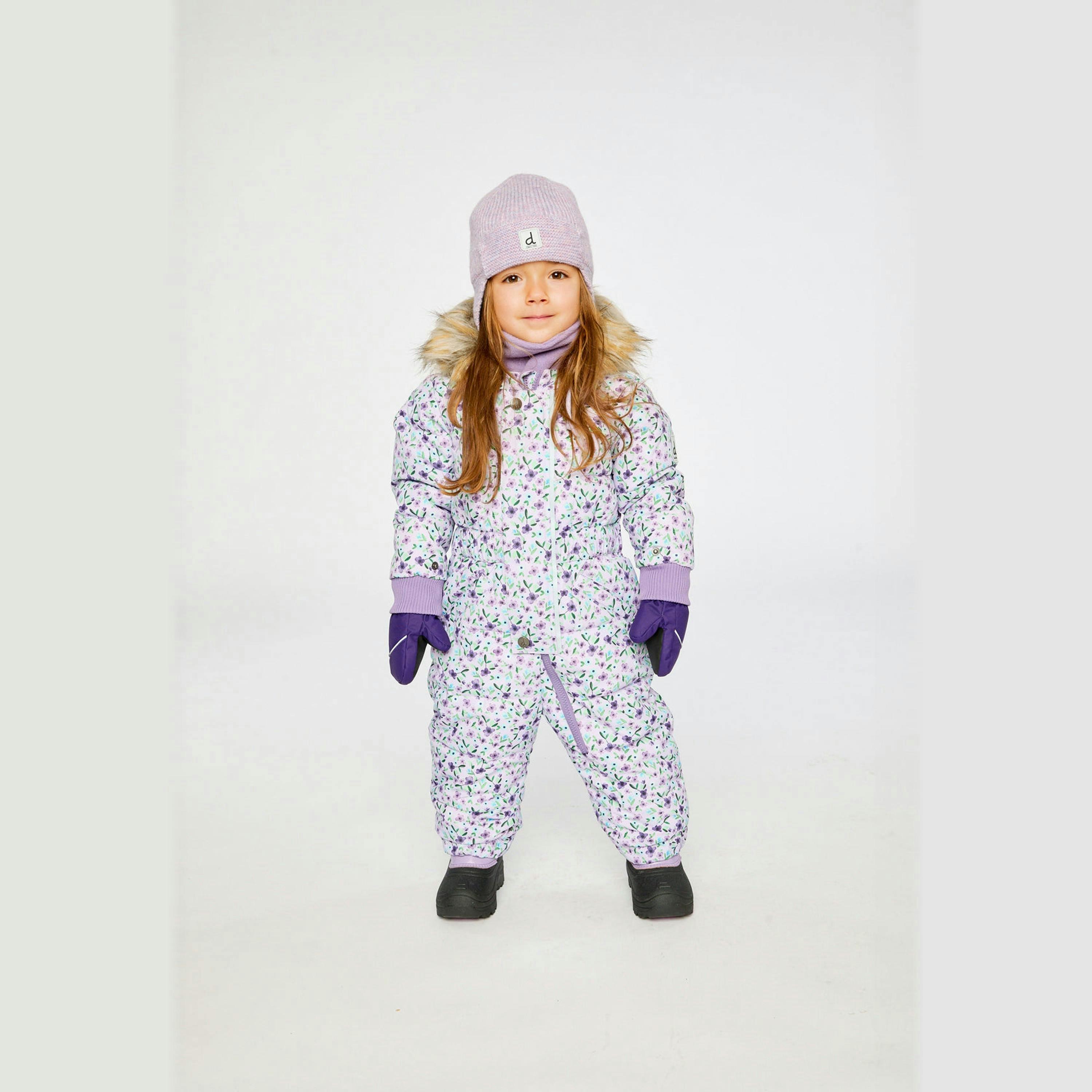 Baby Original One Piece Puffy Snowsuit With Removable Mittens And Boots Purple Printed Mini Flowers , view 2 of 6