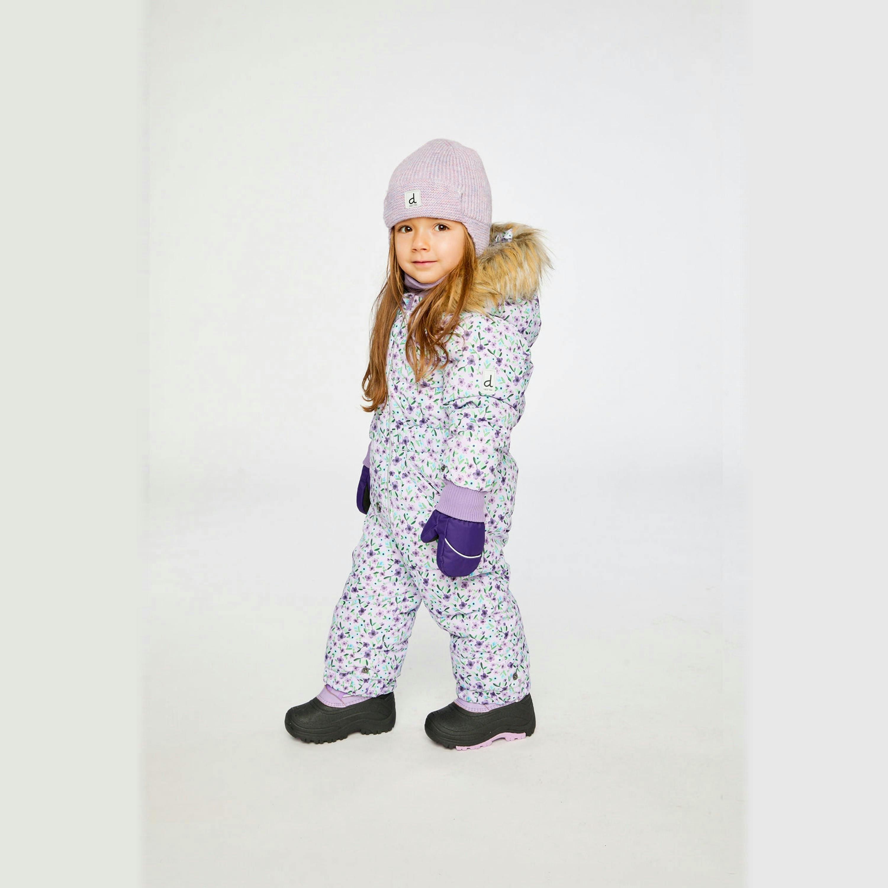 Baby Original One Piece Puffy Snowsuit With Removable Mittens And Boots Purple Printed Mini Flowers , view 3 of 6