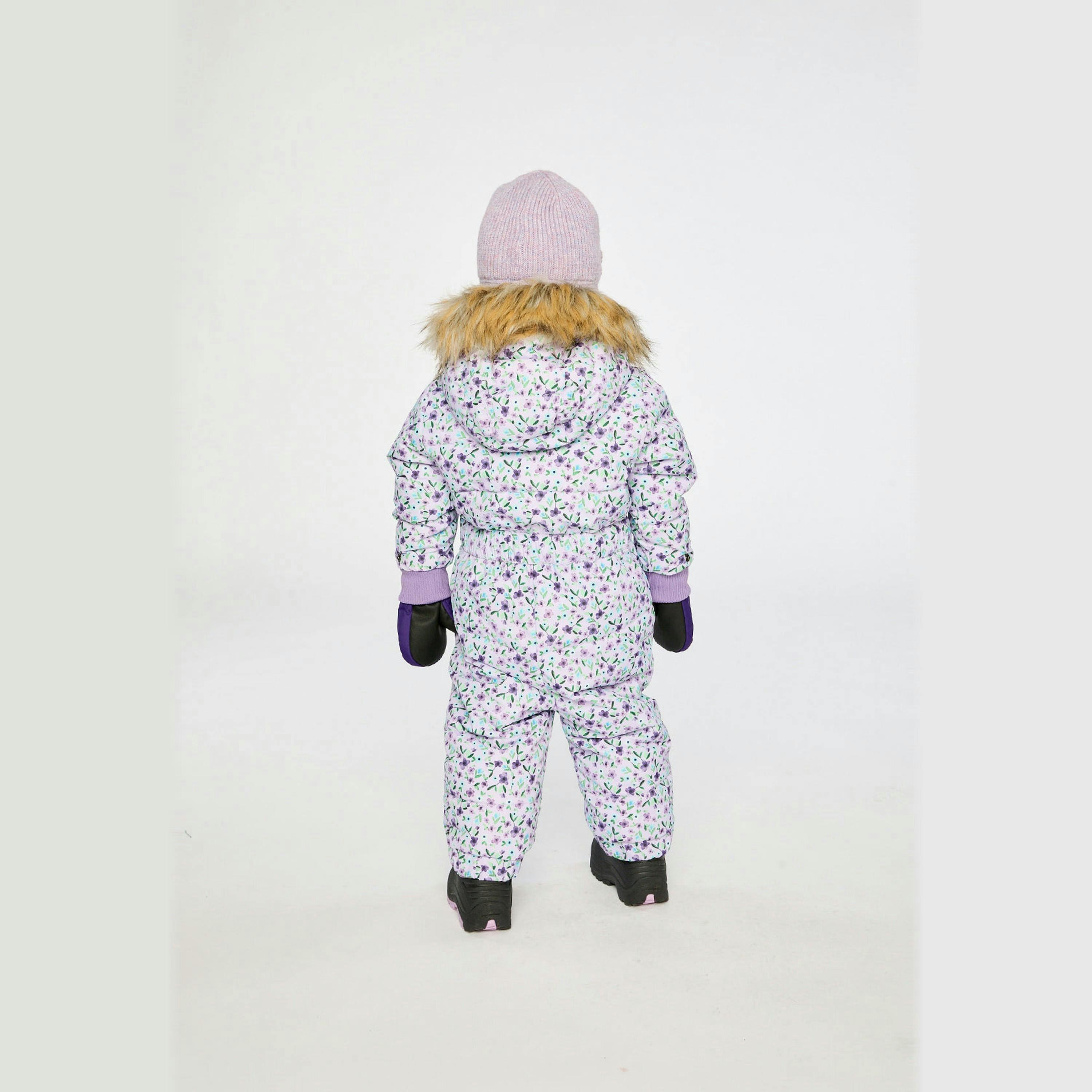 Baby Original One Piece Puffy Snowsuit With Removable Mittens And Boots Purple Printed Mini Flowers , view 4 of 6