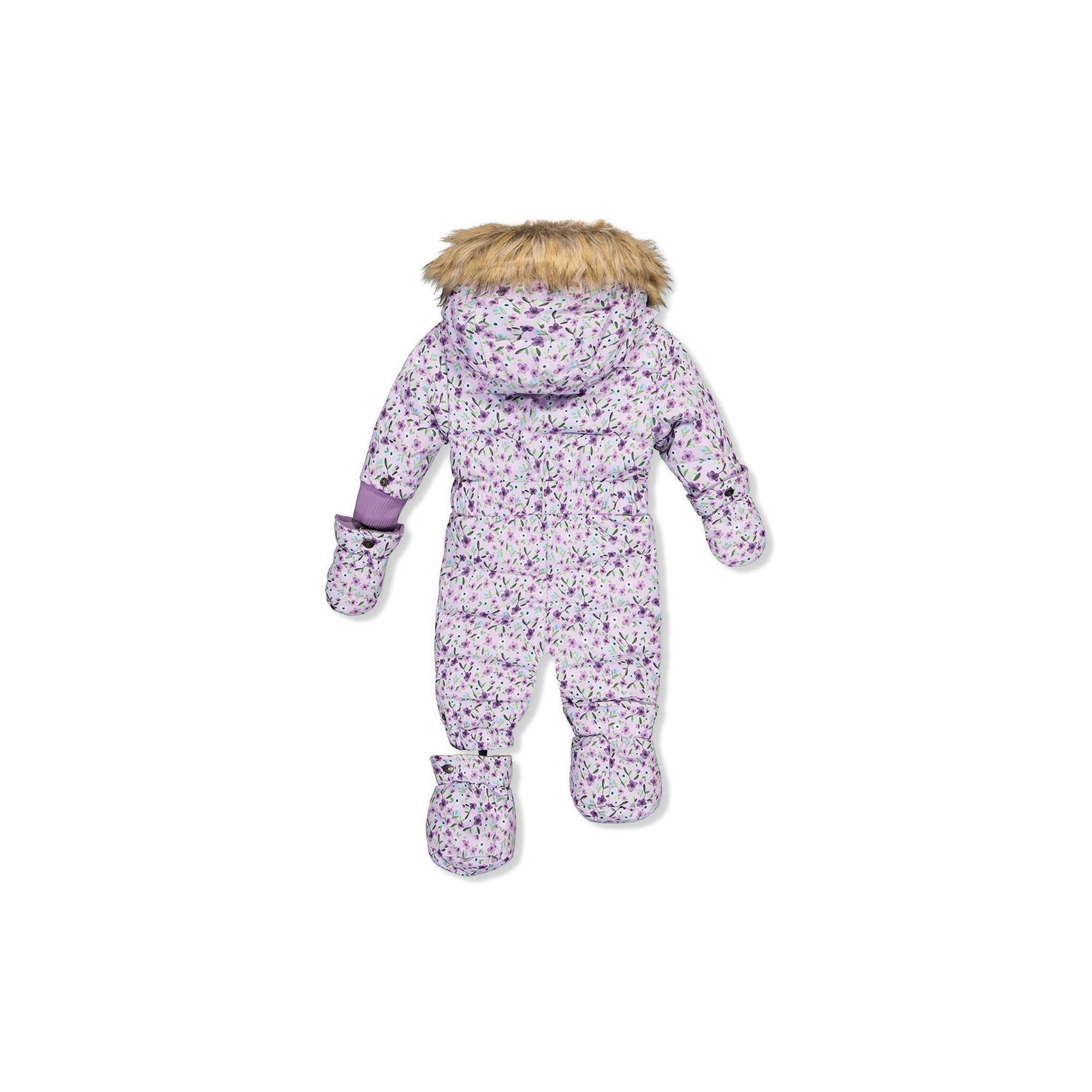 Baby Original One Piece Puffy Snowsuit With Removable Mittens And Boots Purple Printed Mini Flowers , view 5 of 6