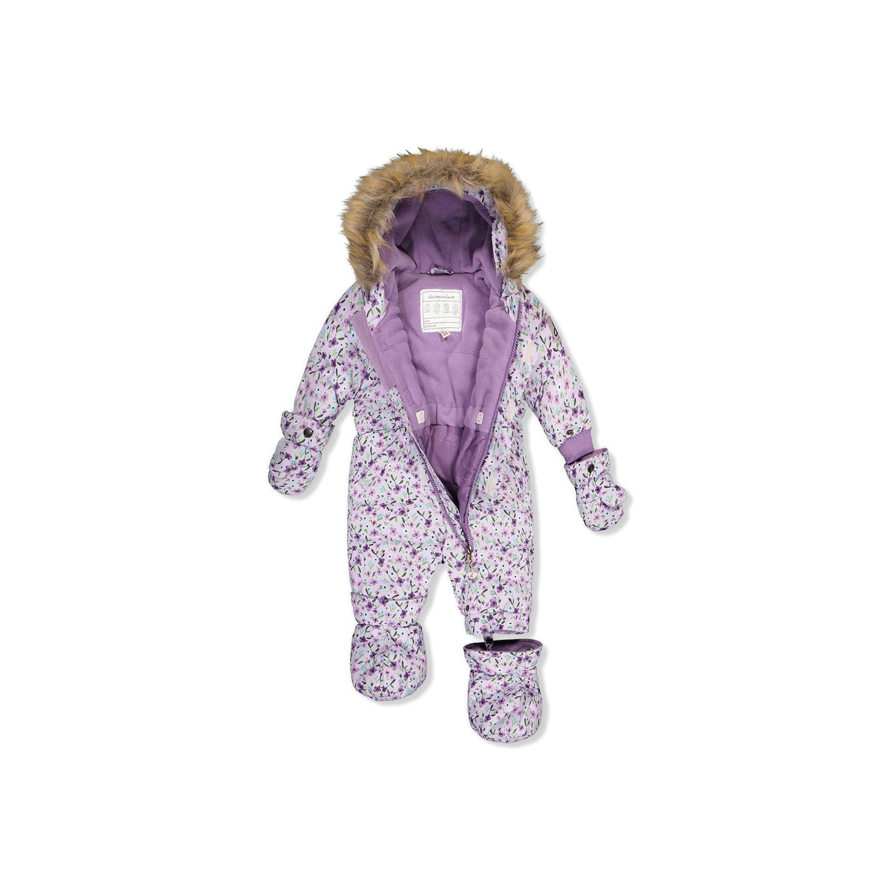 Baby Original One Piece Puffy Snowsuit With Removable Mittens And Boots Purple Printed Mini Flowers , view 6 of 6