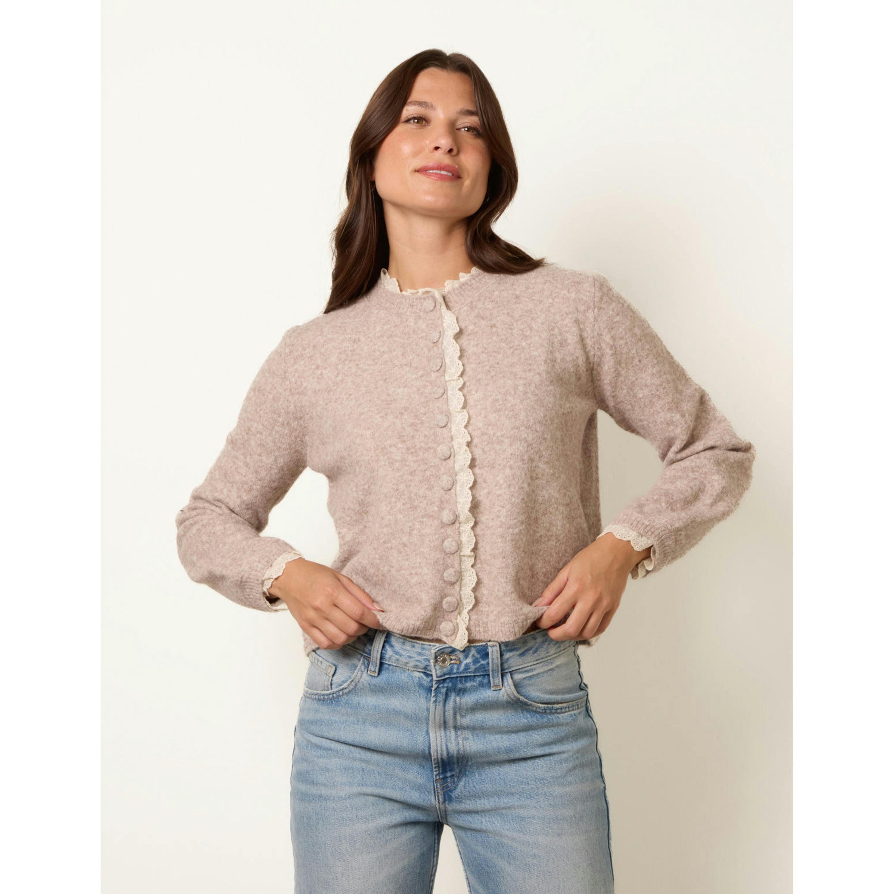 Blue Vanilla Lace Trimmed Cardigan  in Beige , view 3 of 4