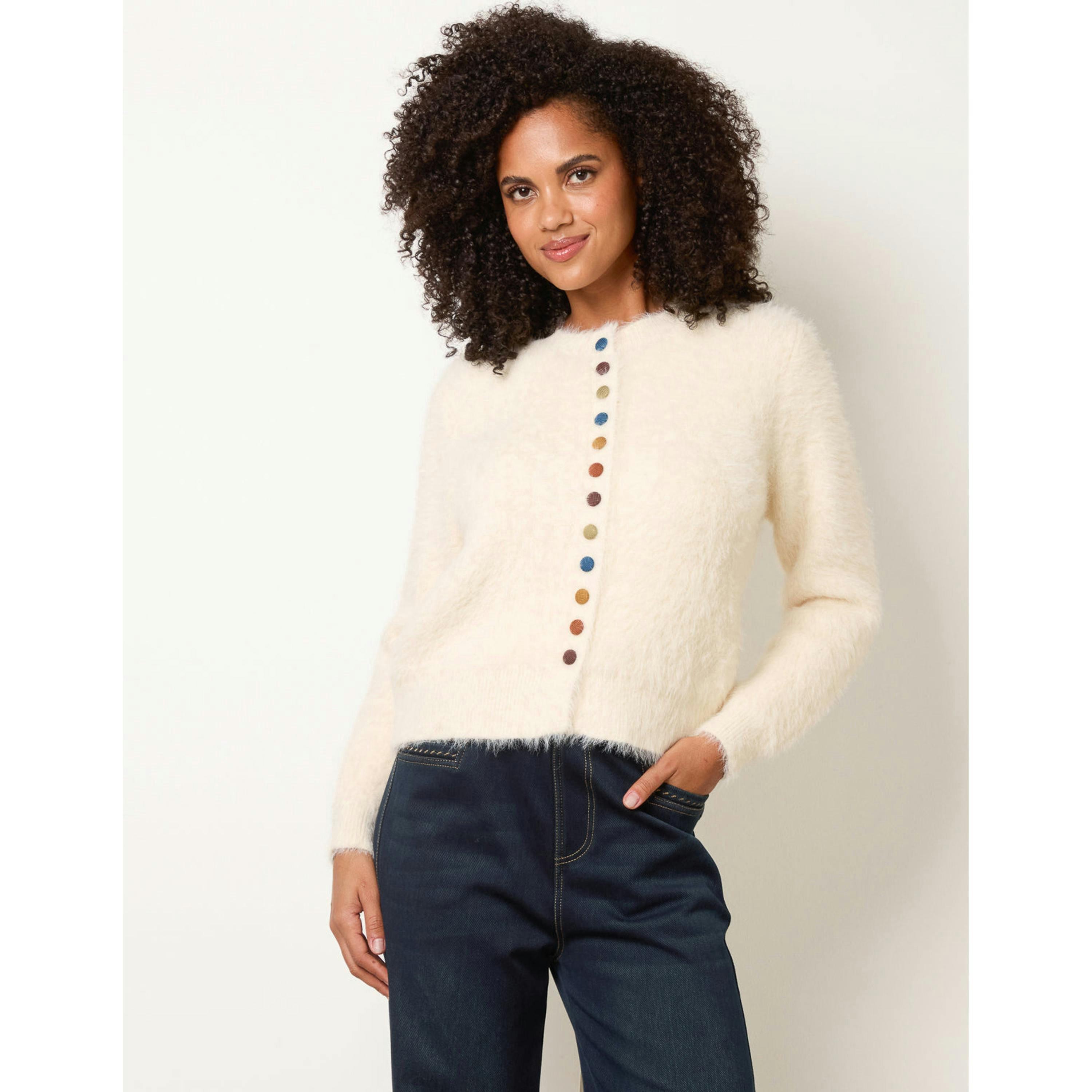 Blue Vanilla Soft Round Neck Cardigan  in Ivory , view 1 of 4