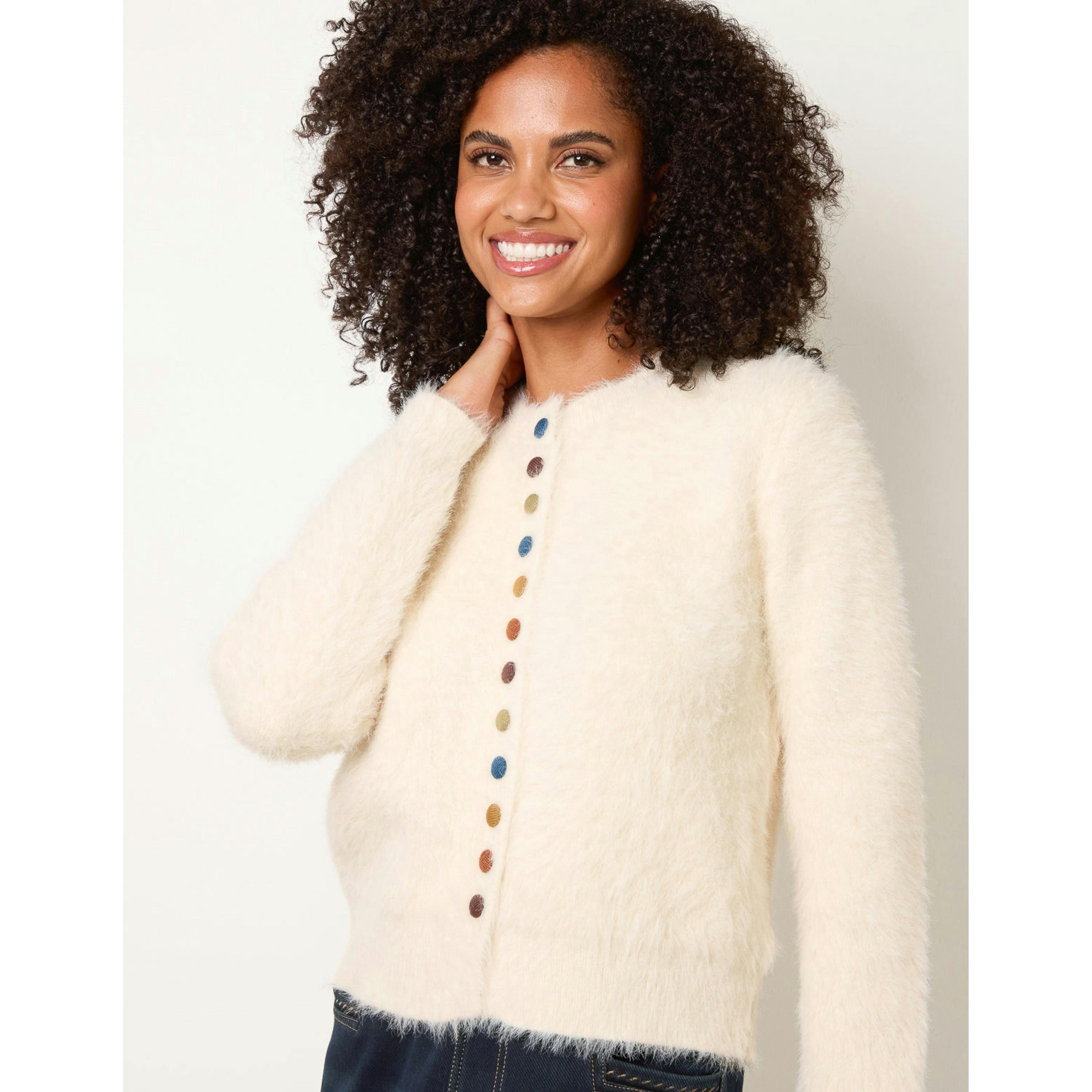 Blue Vanilla Soft Round Neck Cardigan  in Ivory , view 3 of 4