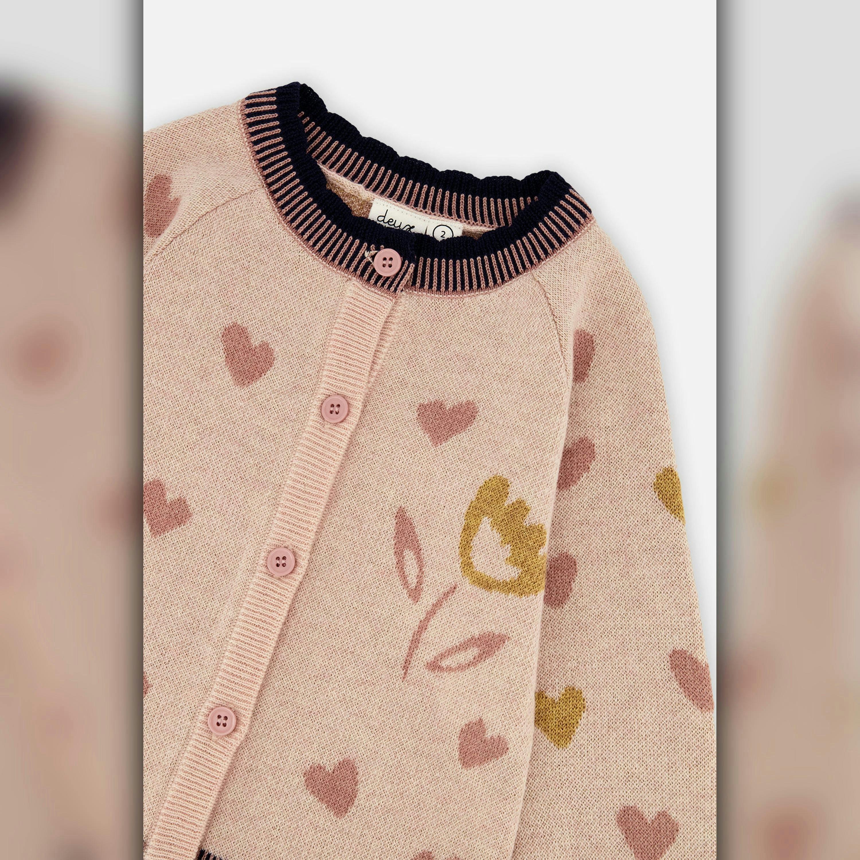 Baby Knitted Jacquard Cardigan Pale Dusty Pink and Navy , view 2 of 2