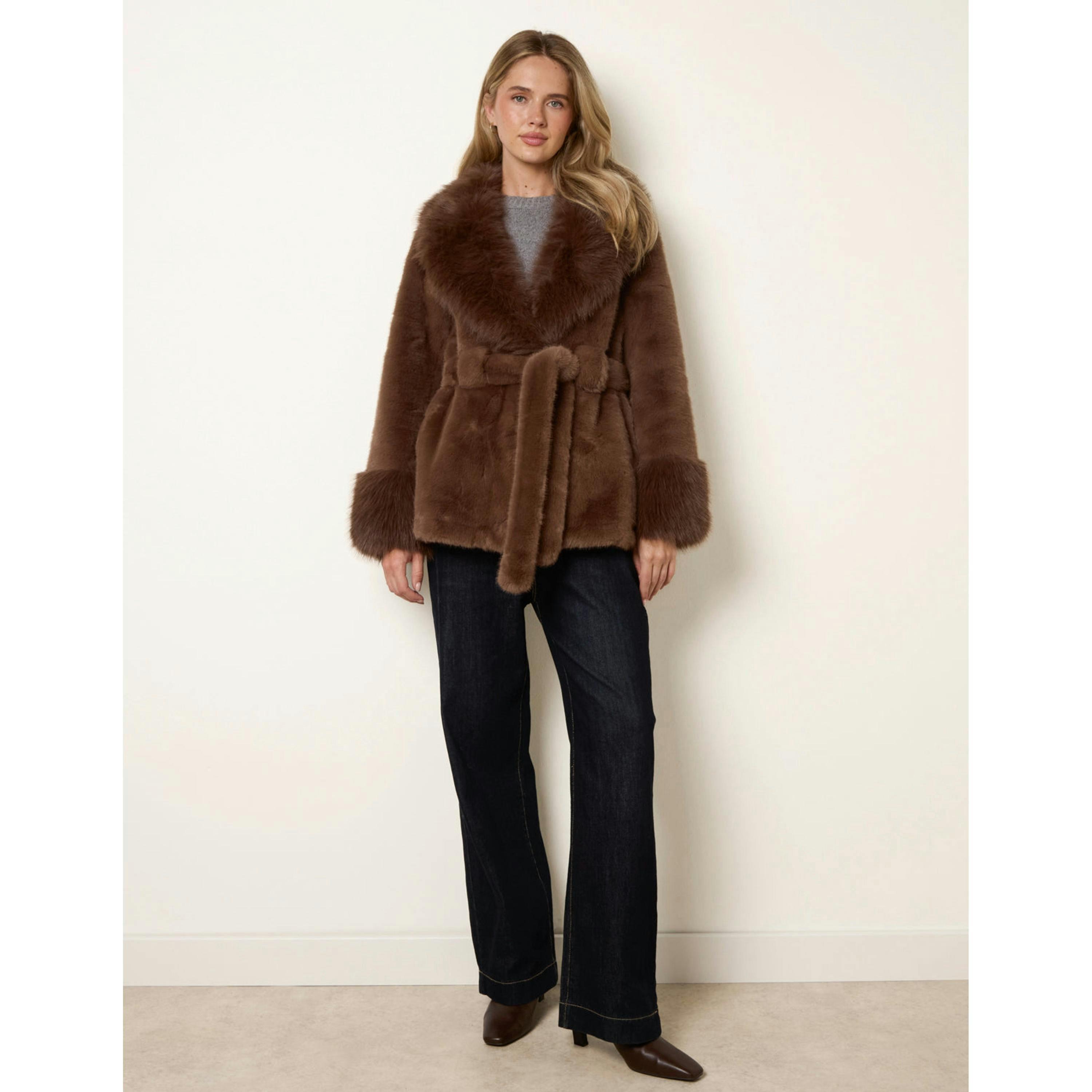 Blue Vanilla Plush Faux Fur Belted Coat  in Brown , view 1 of 4