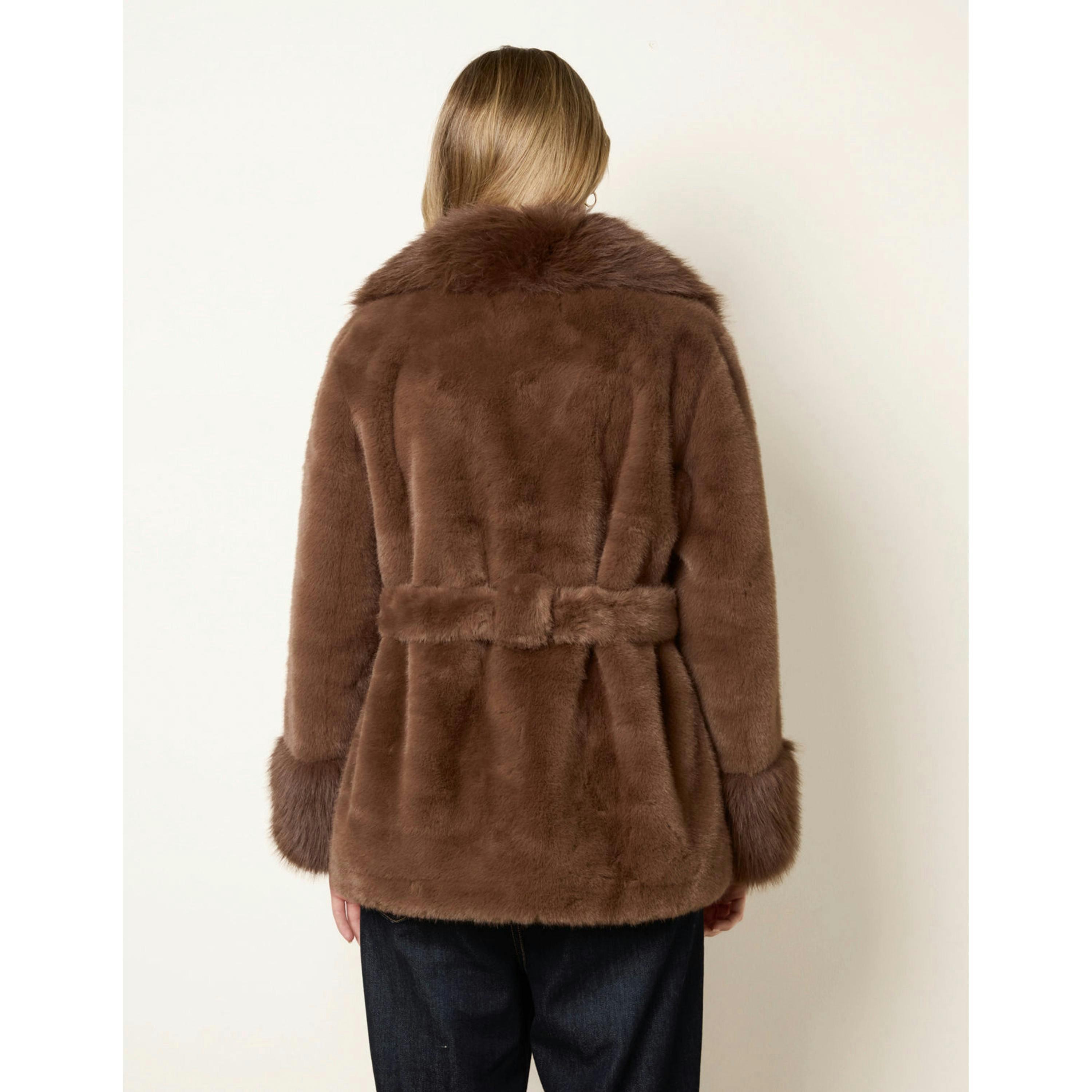 Blue Vanilla Plush Faux Fur Belted Coat  in Brown , view 2 of 4