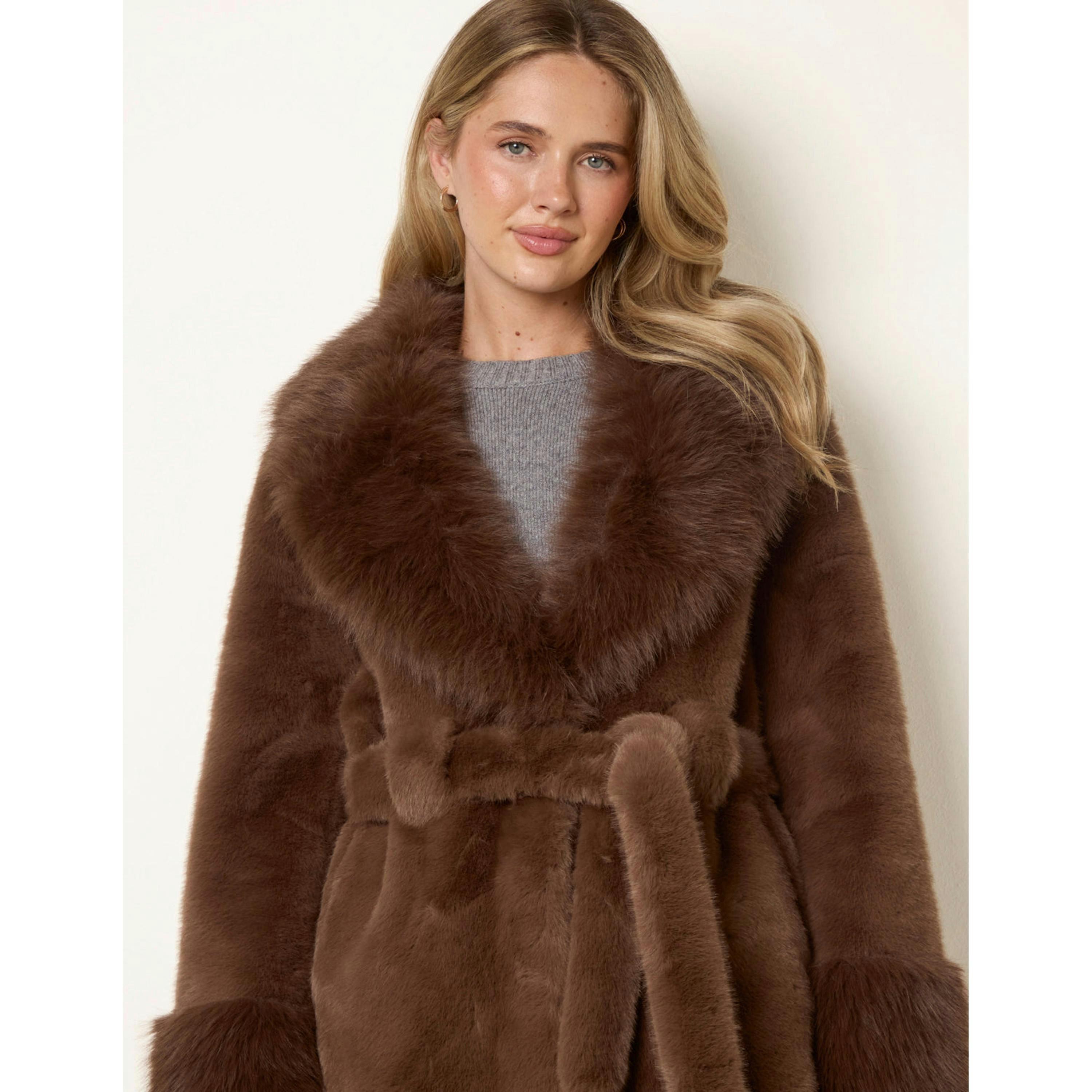 Blue Vanilla Plush Faux Fur Belted Coat  in Brown , view 3 of 4