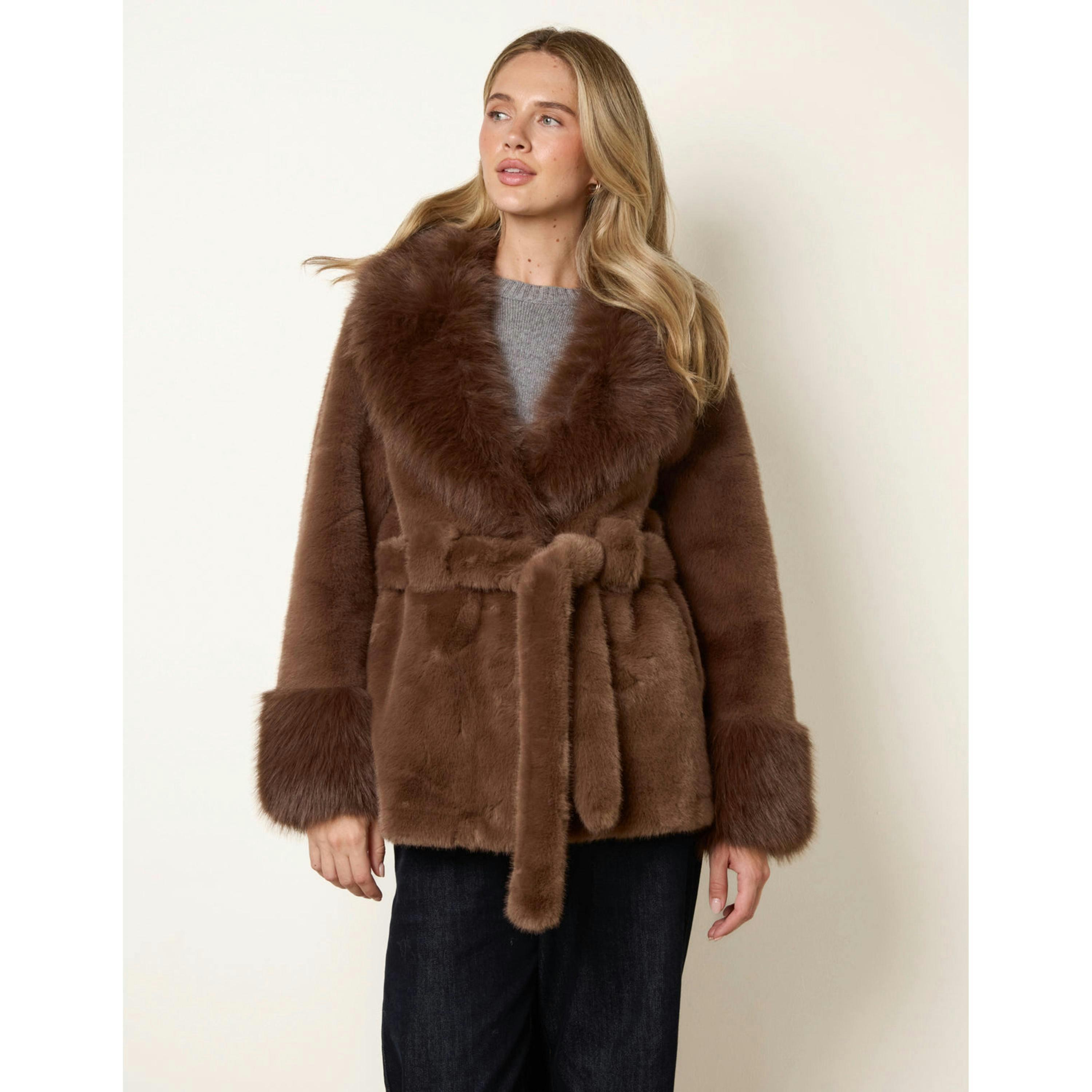 Blue Vanilla Plush Faux Fur Belted Coat  in Brown , view 4 of 4