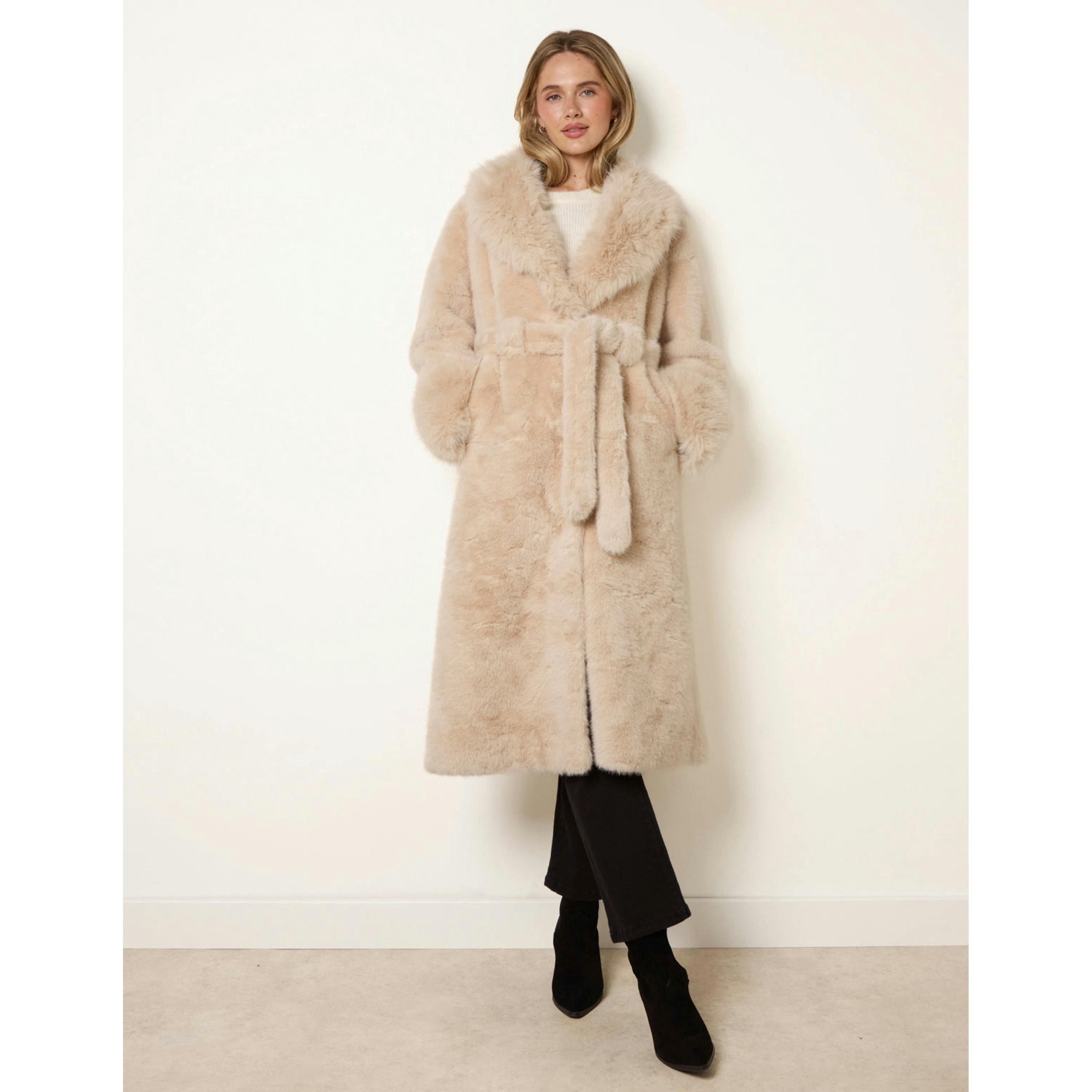Blue Vanilla Plush Faux Fur Belted Coat  in Beige , view 1 of 4