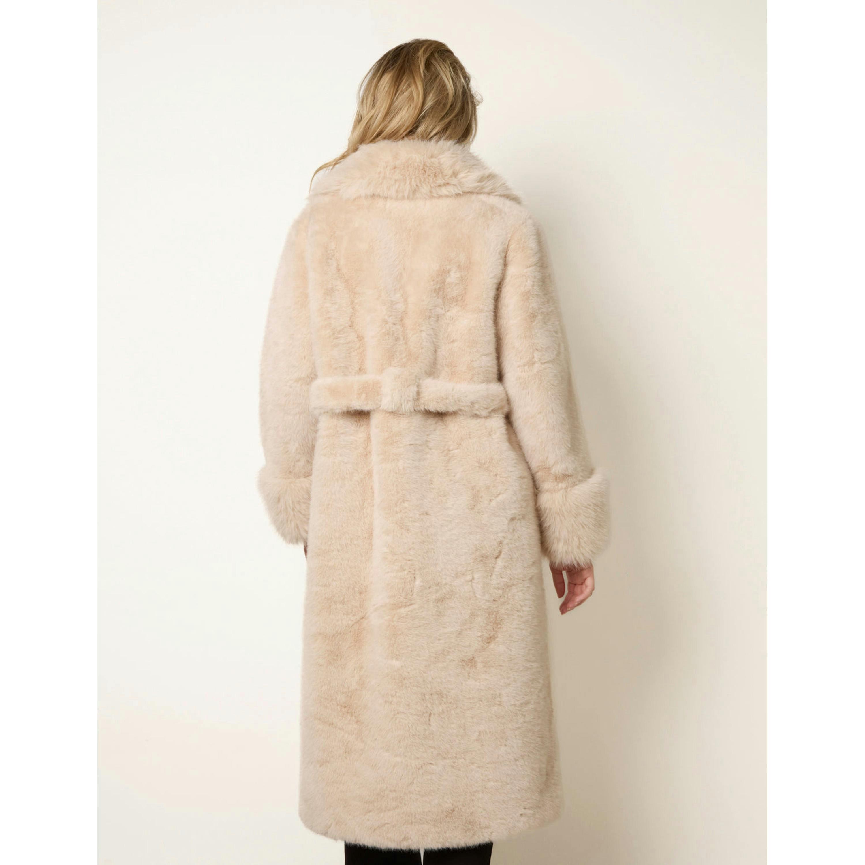 Blue Vanilla Plush Faux Fur Belted Coat  in Beige , view 2 of 4