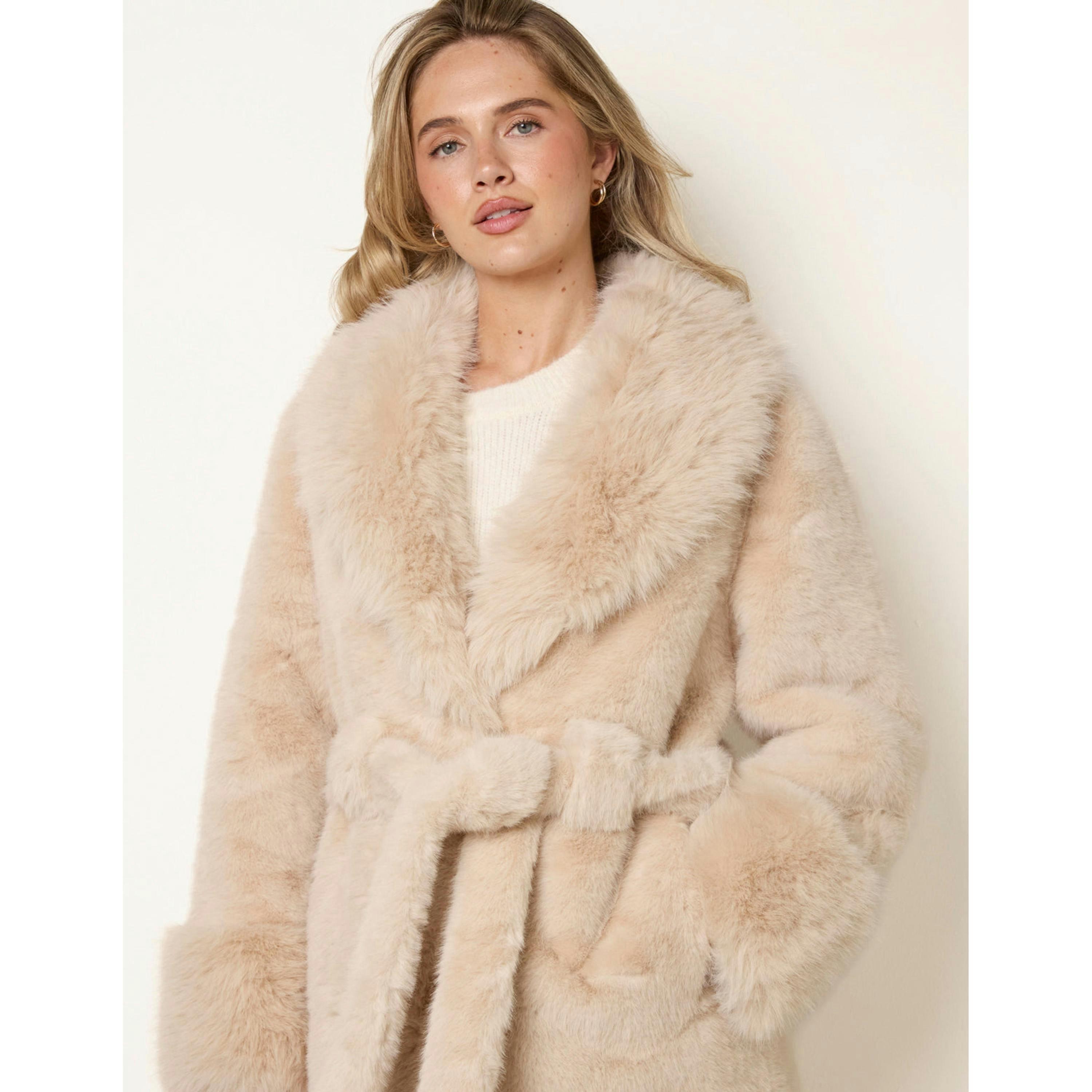 Blue Vanilla Plush Faux Fur Belted Coat  in Beige , view 3 of 4