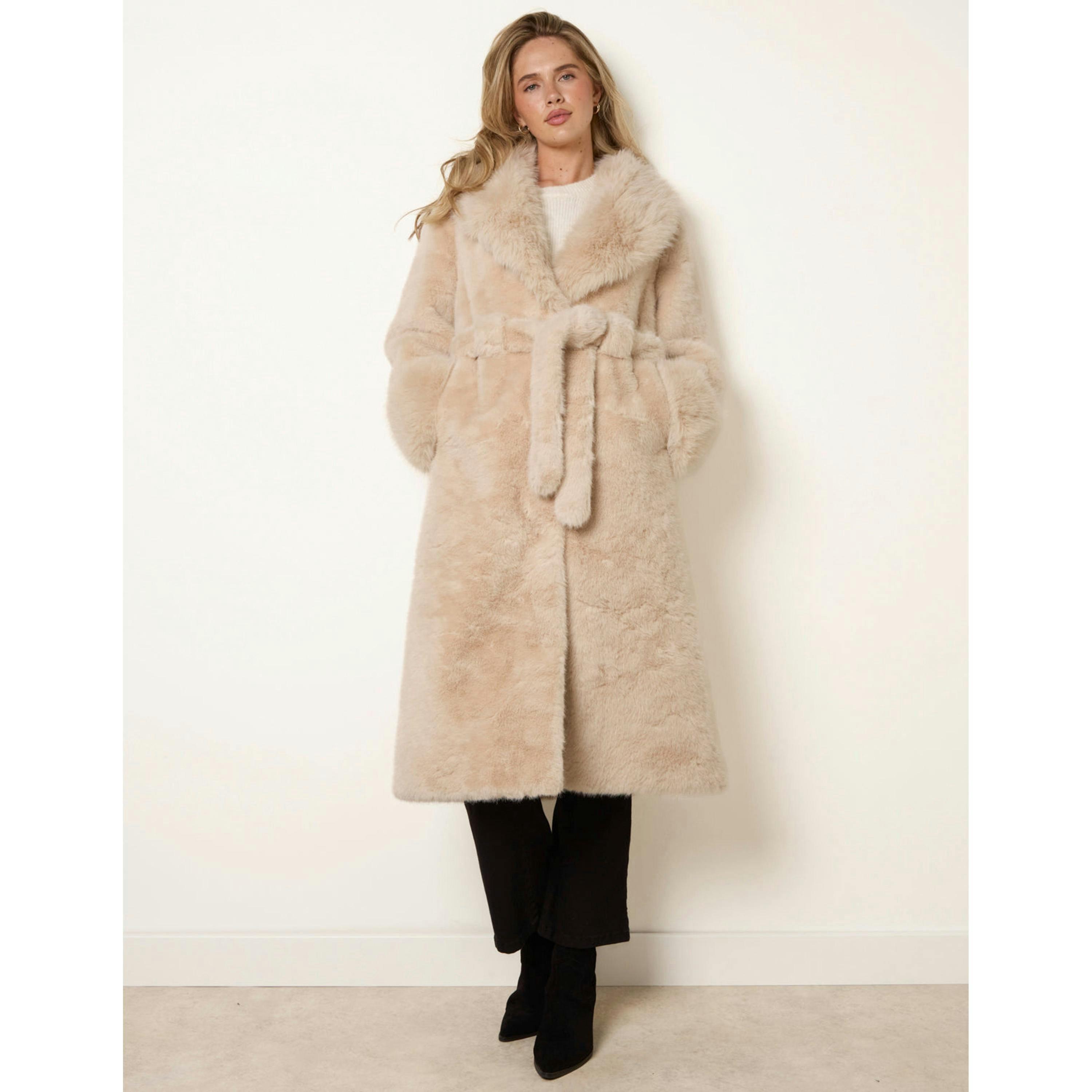 Blue Vanilla Plush Faux Fur Belted Coat  in Beige , view 4 of 4