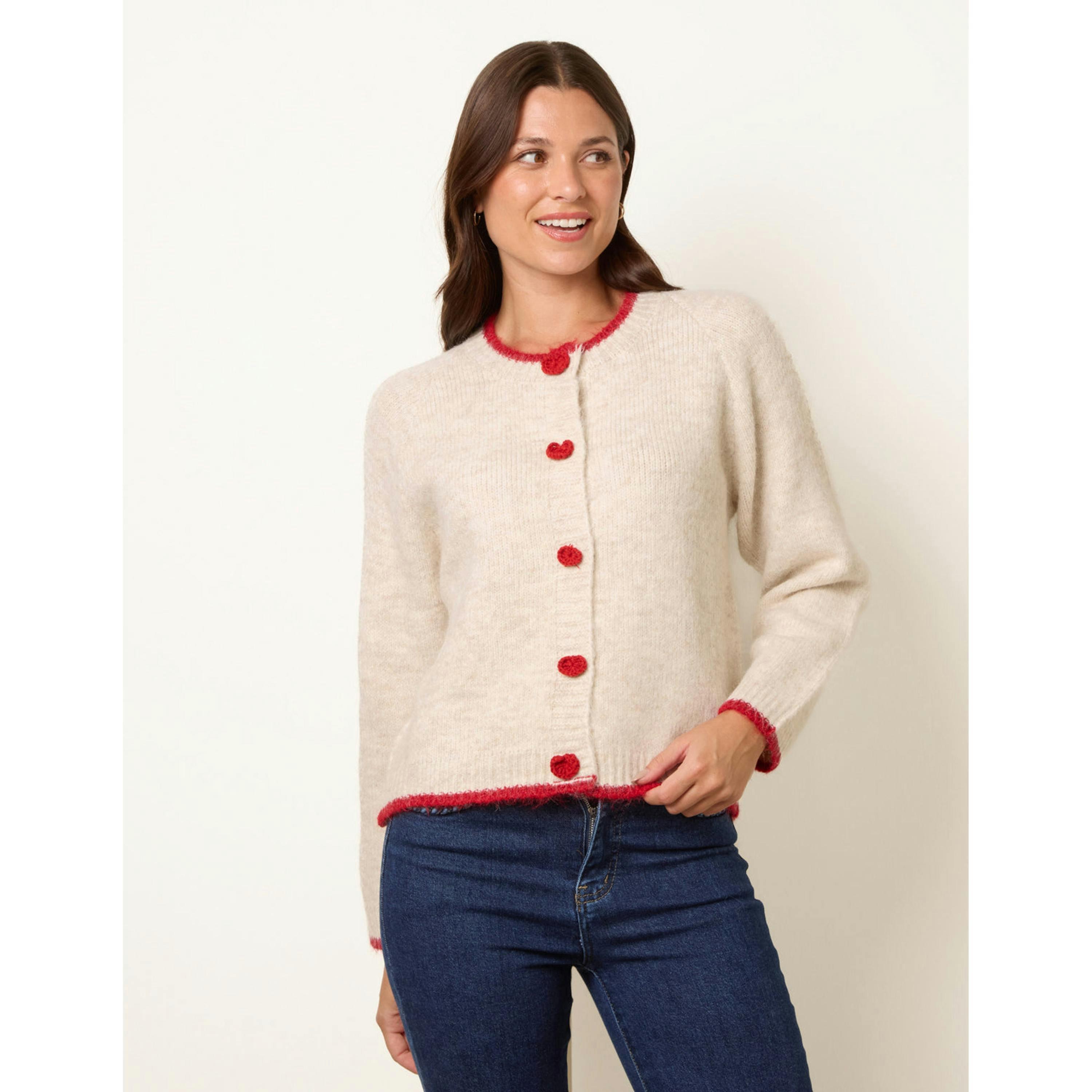 Blue Vanilla Contrast Trim Heart Button Cardigan  in Beige , view 1 of 4