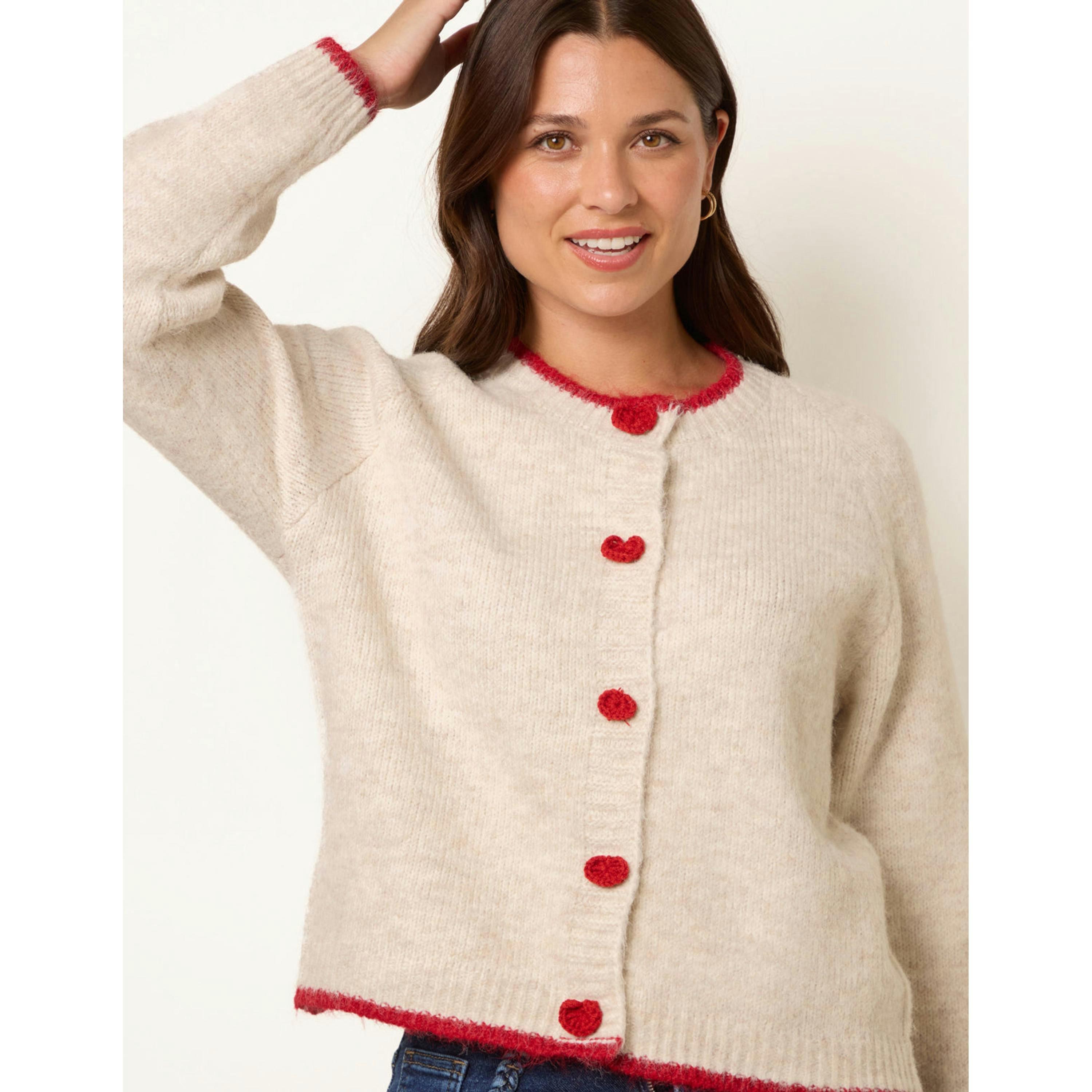 Blue Vanilla Contrast Trim Heart Button Cardigan  in Beige , view 3 of 4