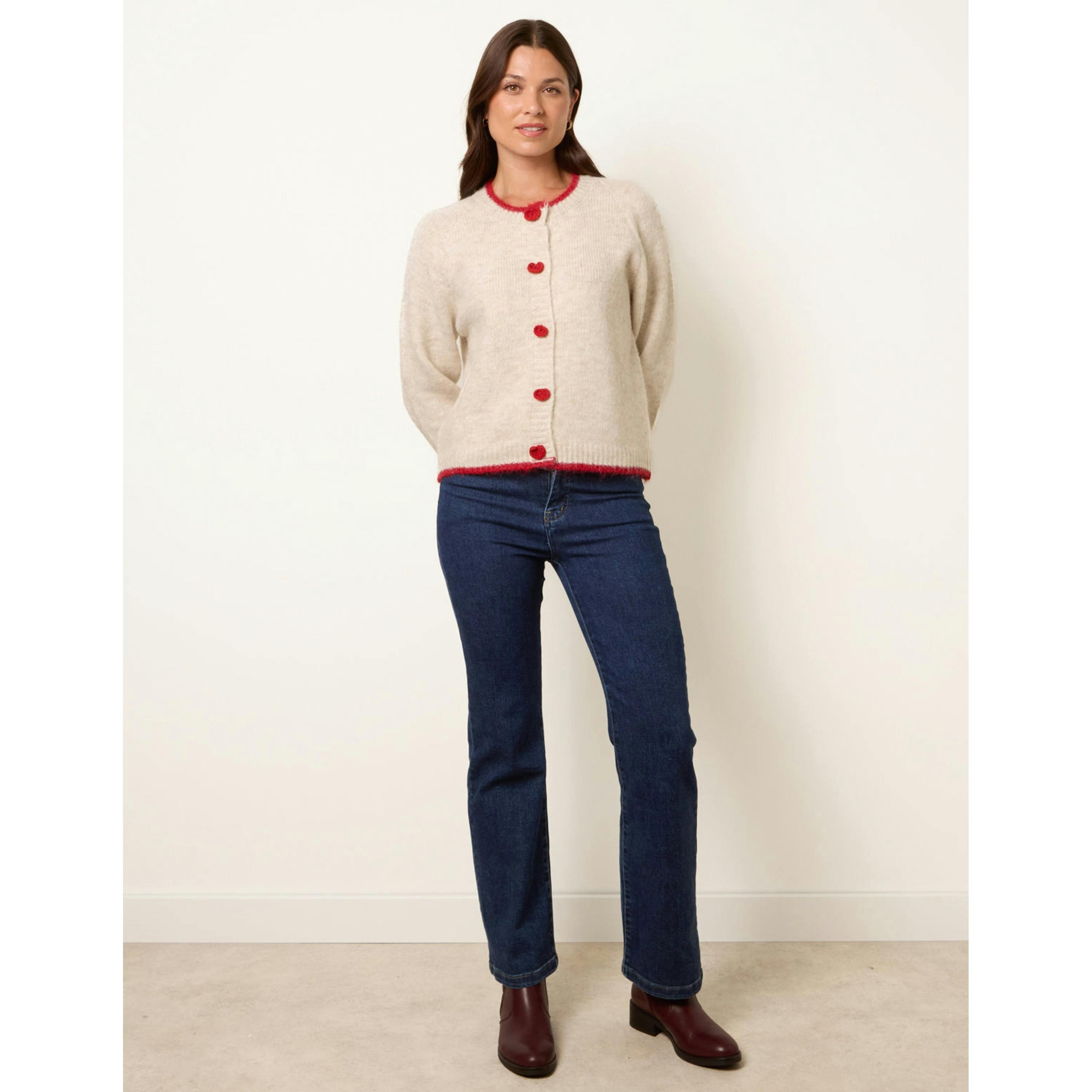 Blue Vanilla Contrast Trim Heart Button Cardigan  in Beige , view 4 of 4
