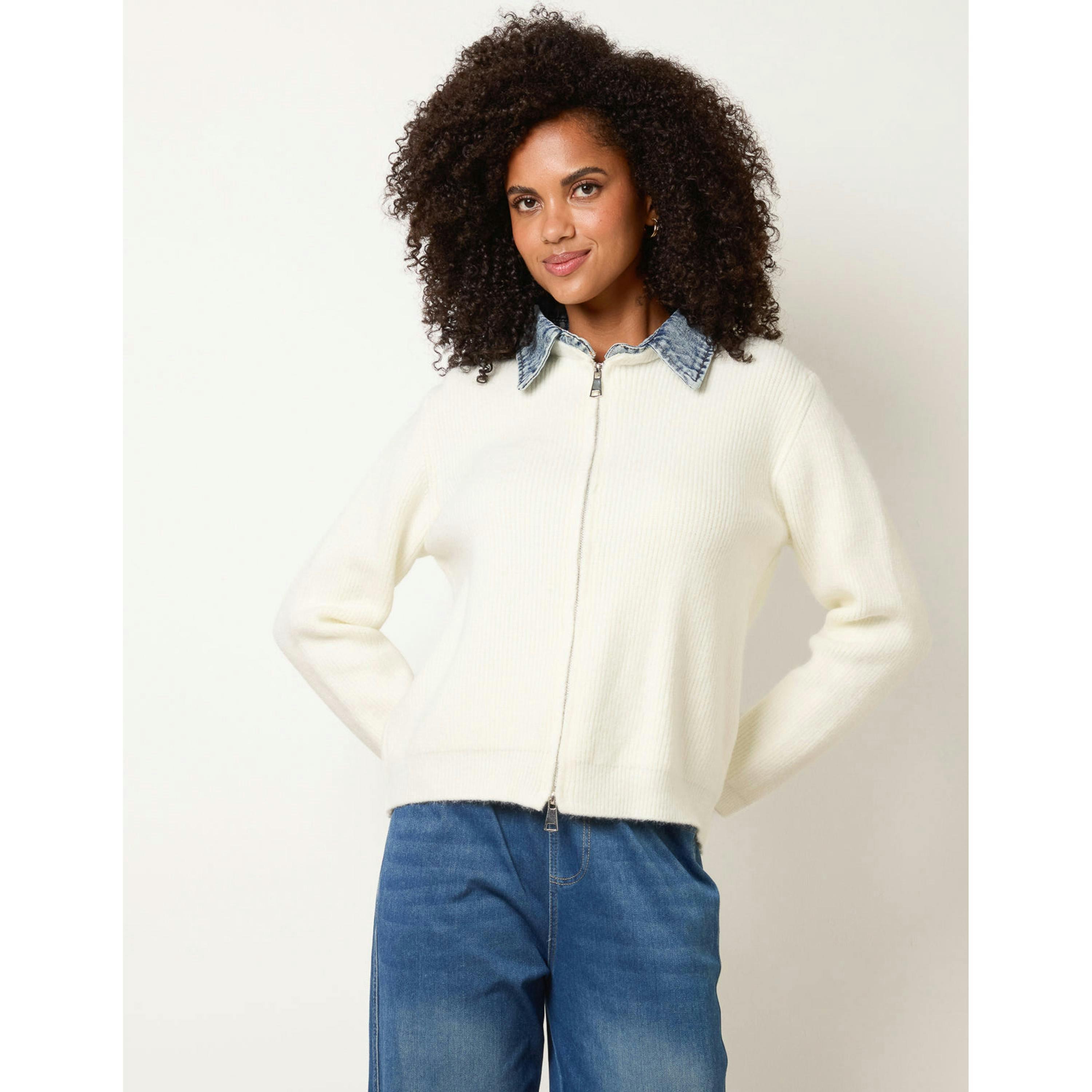 Blue Vanilla Knit Cardigan With Denim Collar Trim  in Ivory , view 1 of 4