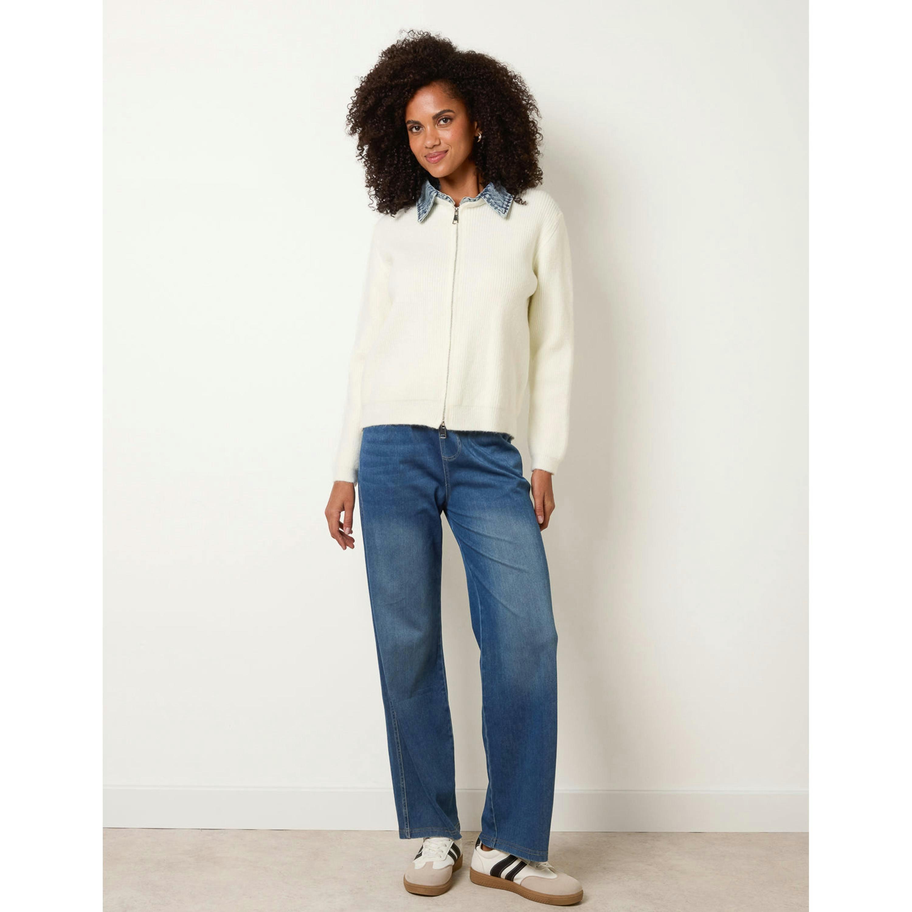 Blue Vanilla Knit Cardigan With Denim Collar Trim  in Ivory , view 2 of 4