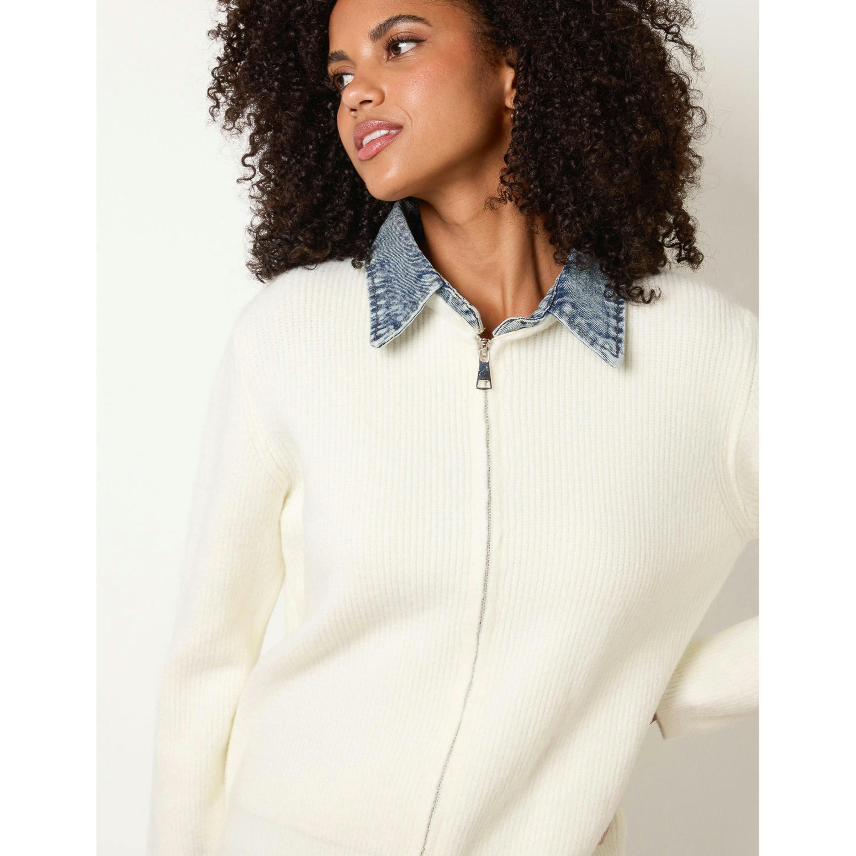 Blue Vanilla Knit Cardigan With Denim Collar Trim  in Ivory , view 3 of 4