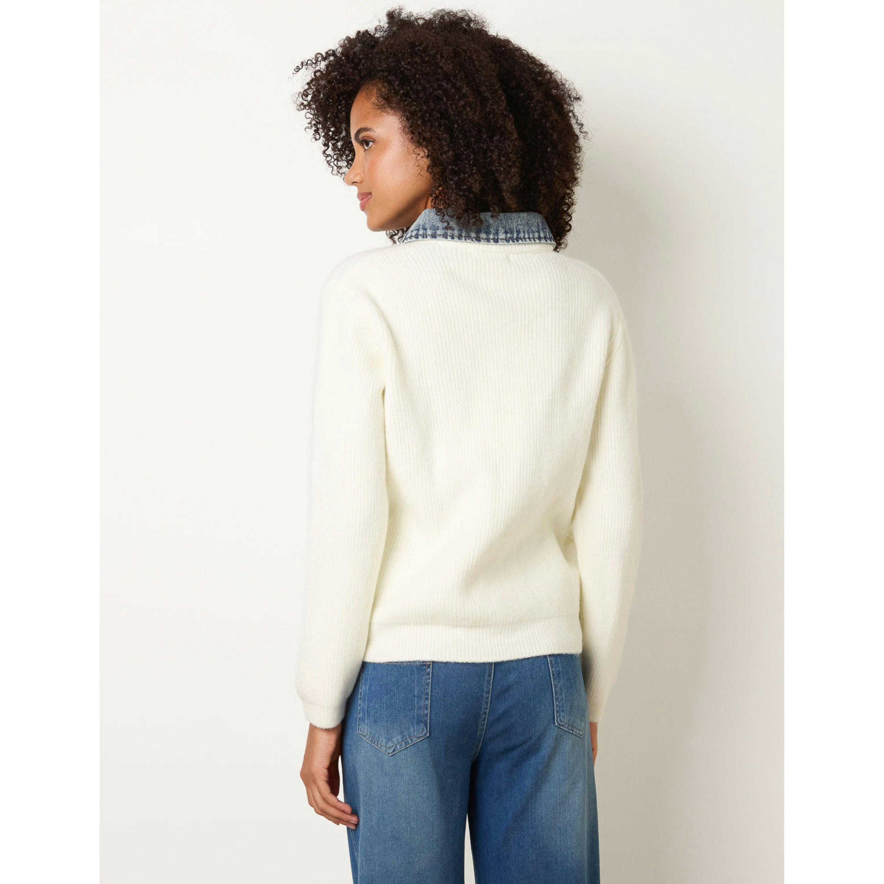 Blue Vanilla Knit Cardigan With Denim Collar Trim  in Ivory , view 4 of 4