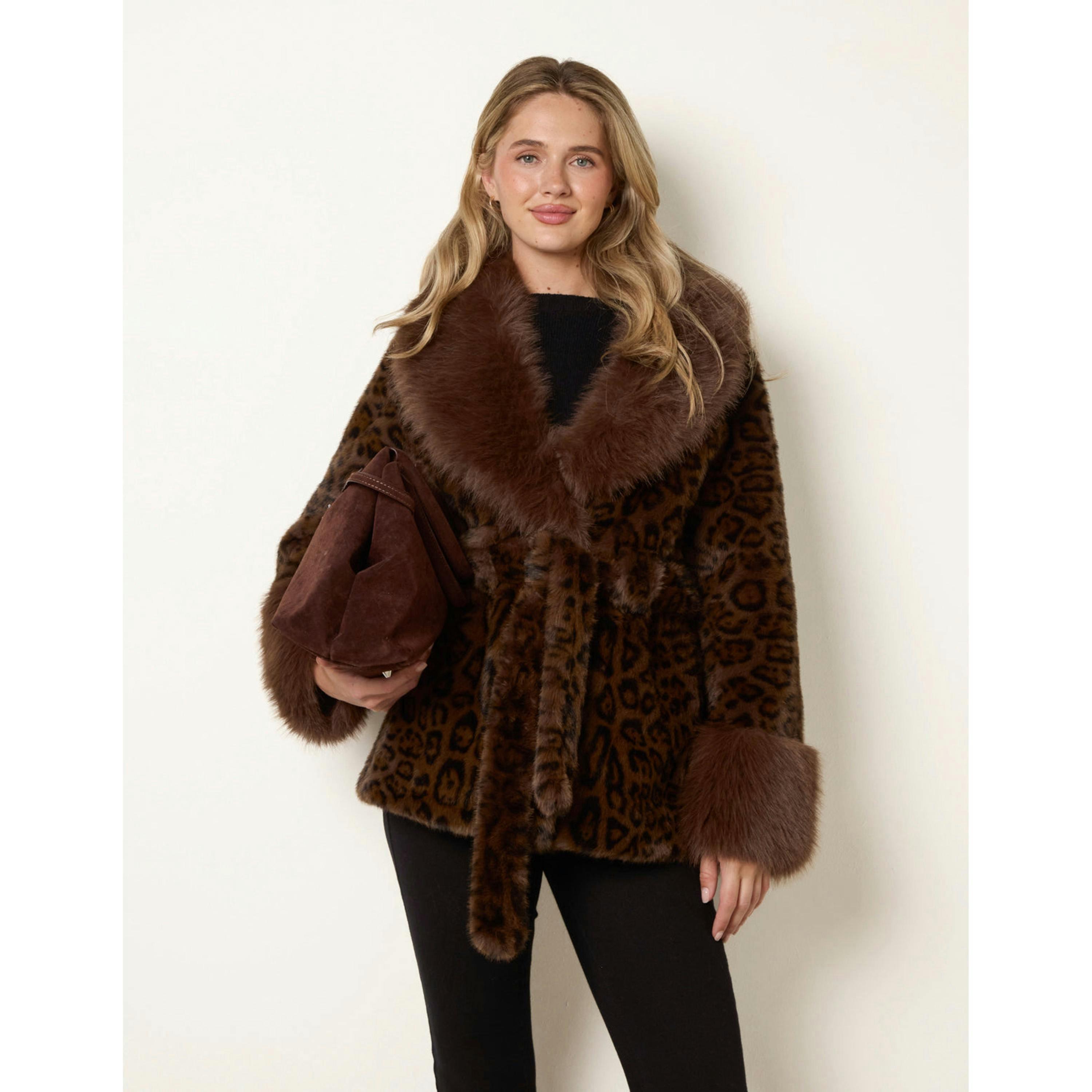 Blue Vanilla Leopard Plush Faux Fur Belted Coat  in Brown , view 1 of 4