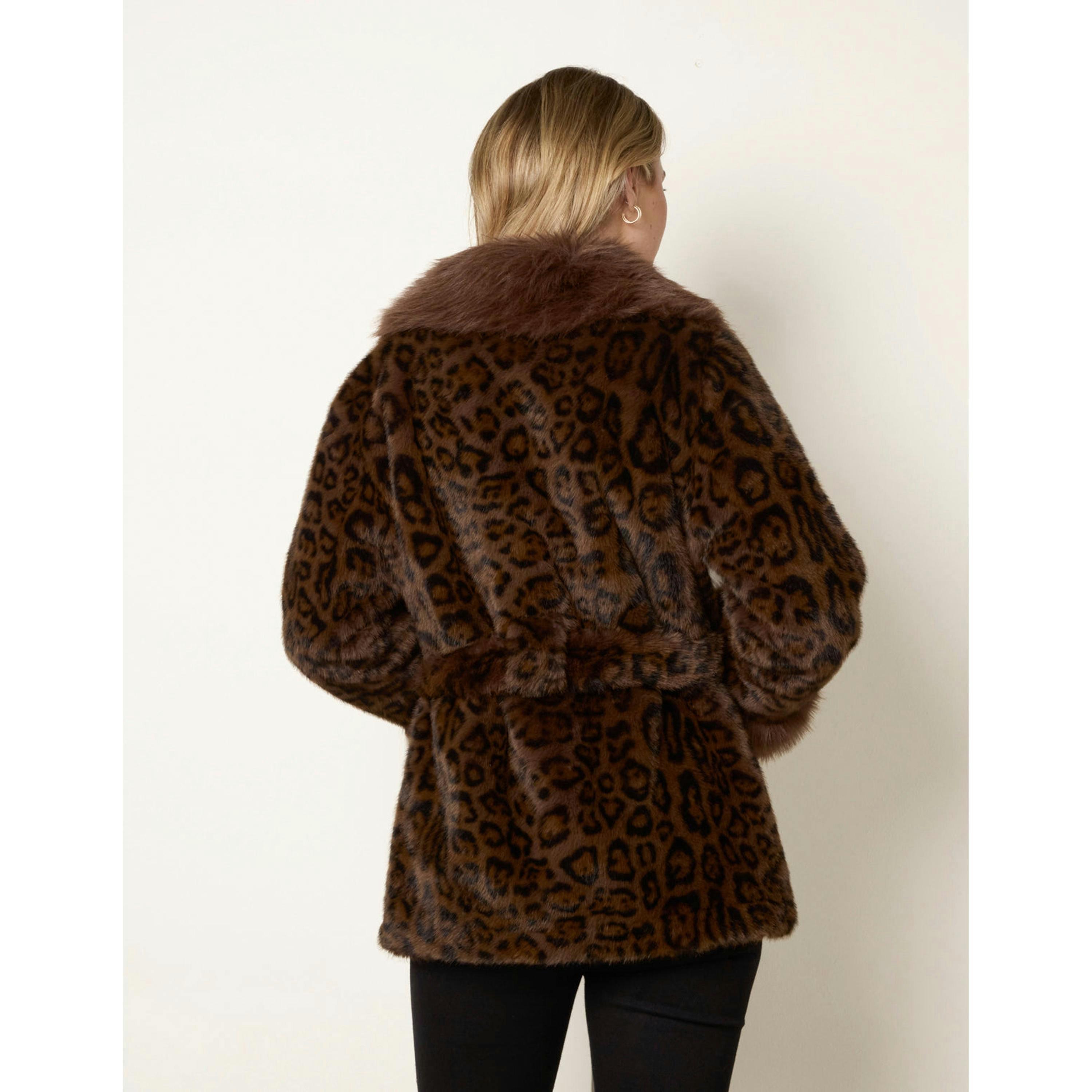 Blue Vanilla Leopard Plush Faux Fur Belted Coat  in Brown , view 2 of 4