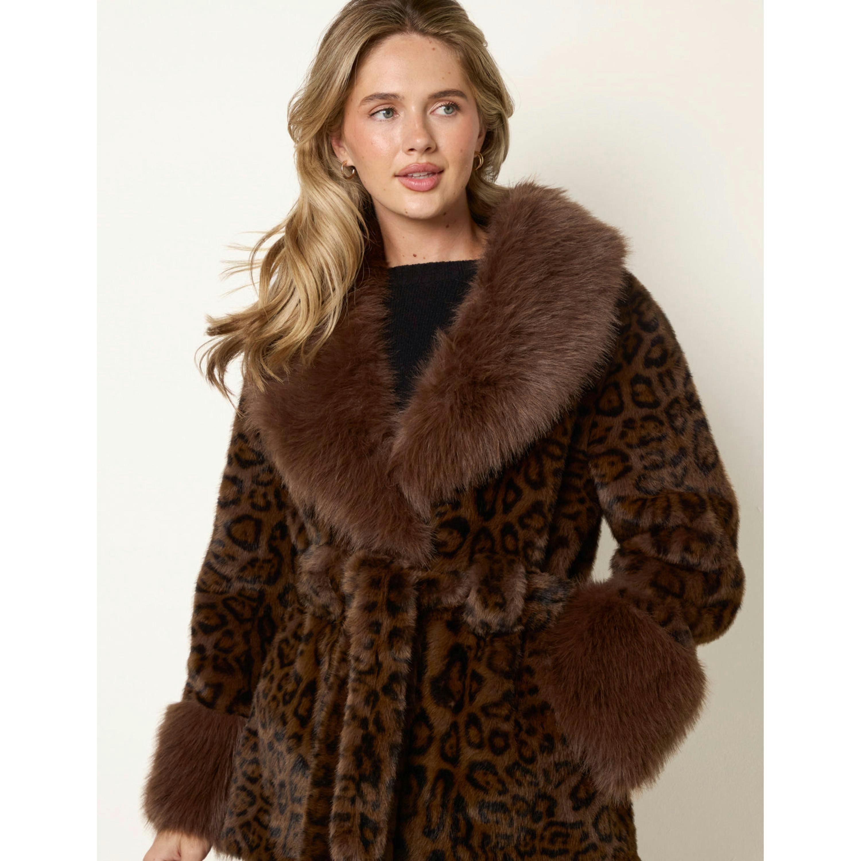 Blue Vanilla Leopard Plush Faux Fur Belted Coat  in Brown , view 3 of 4