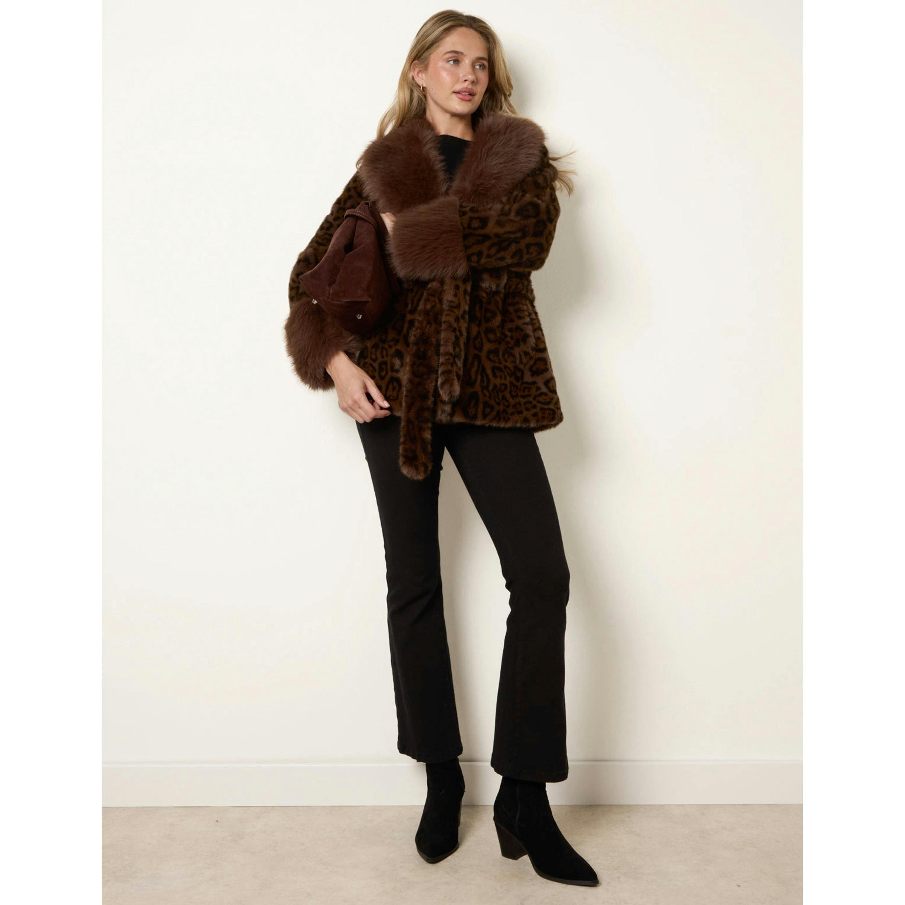 Blue Vanilla Leopard Plush Faux Fur Belted Coat  in Brown , view 4 of 4