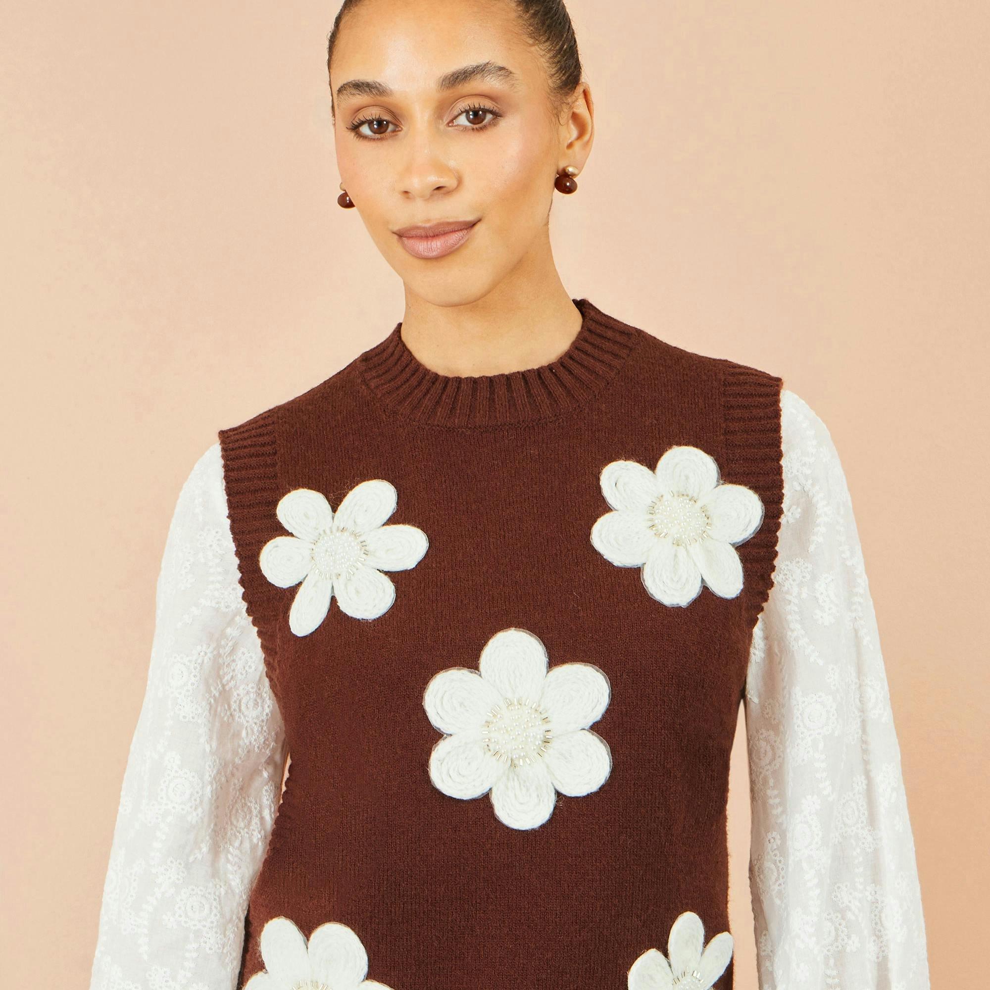 Yumi Brown Flower Applique Knit Tank , view 3 of 3