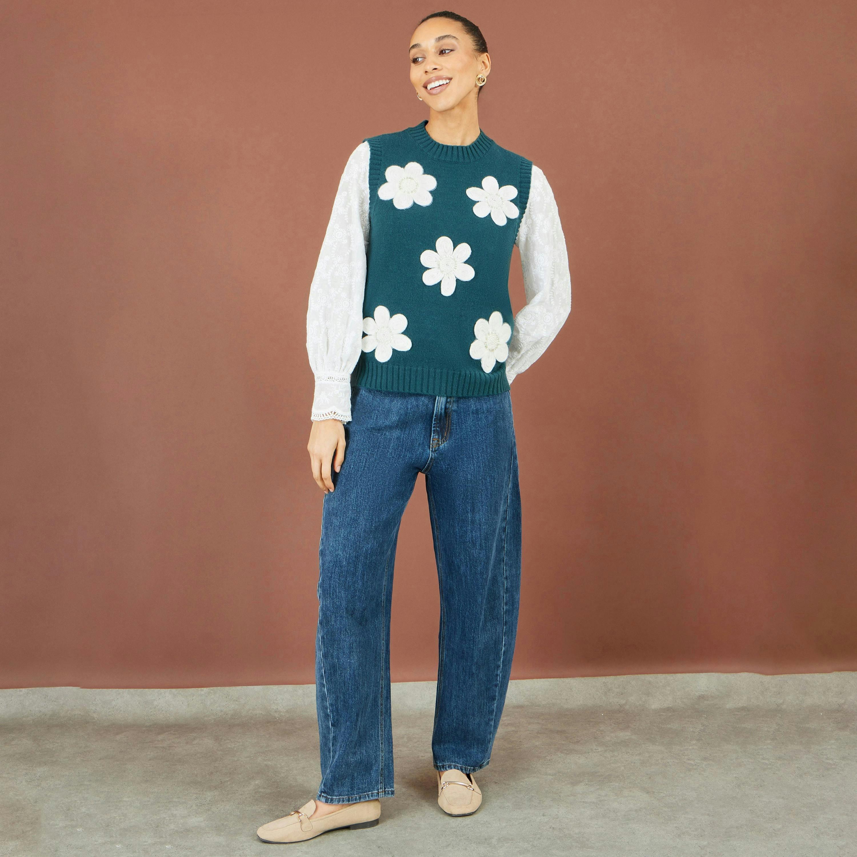 Yumi Teal Flower Appliqué Knit Tank , view 3 of 4