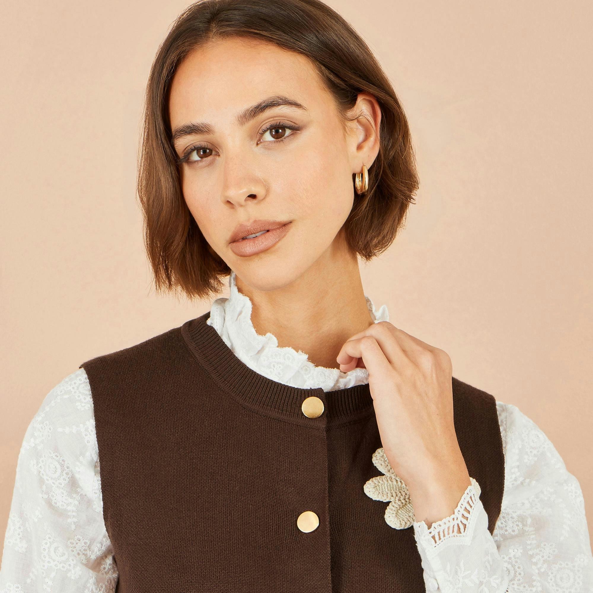 Yumi Brown Flower Applique Knit Waistcoat , view 3 of 4