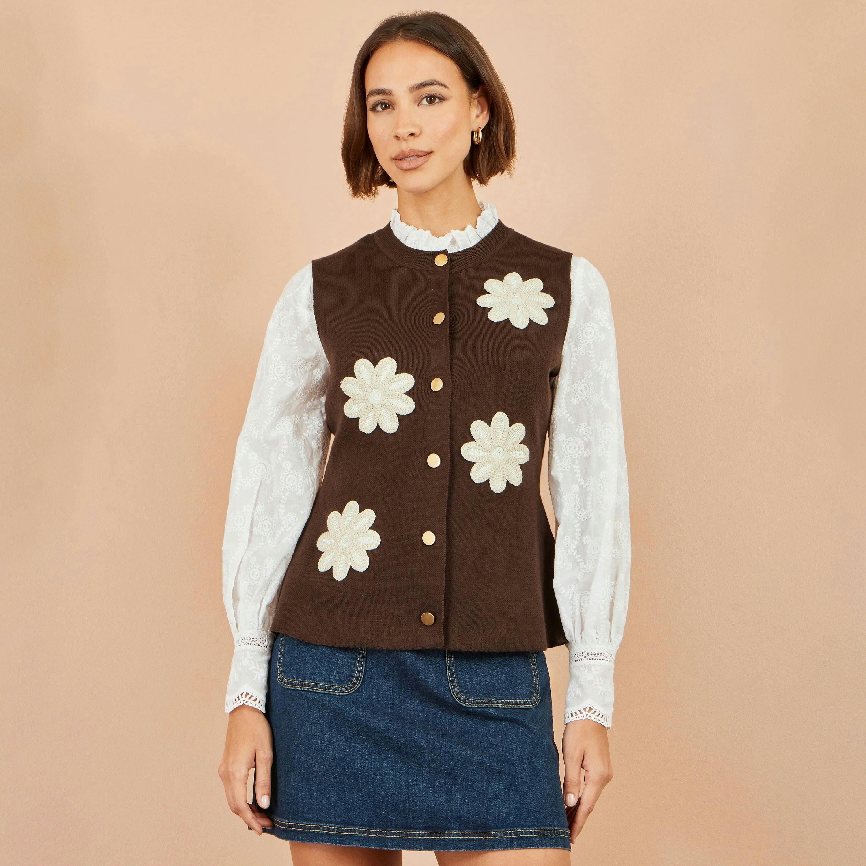 Yumi Brown Flower Applique Knit Waistcoat , view 4 of 4