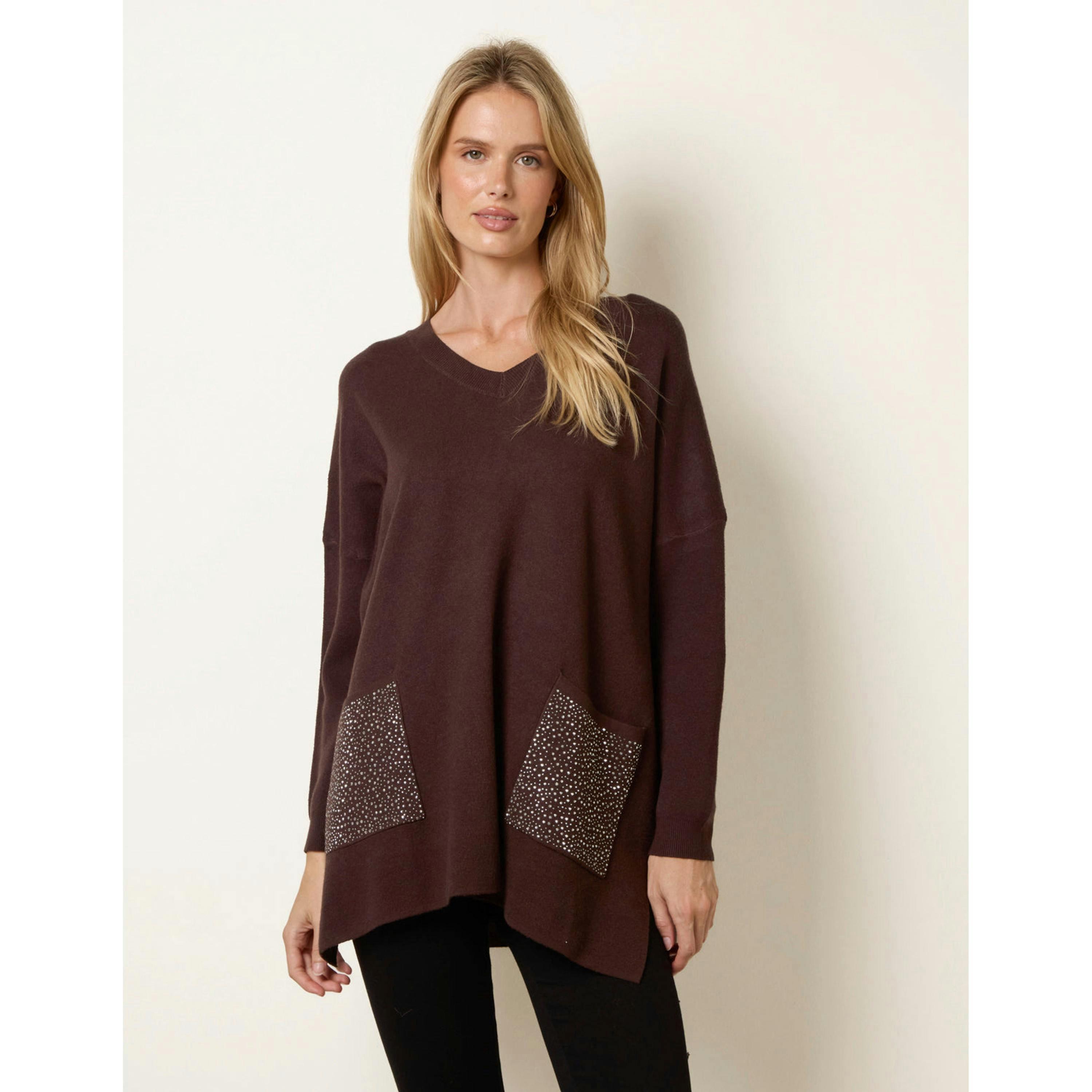 Blue Vanilla Diamante Pocket Knit Jumper  in Brown , view 1 of 4