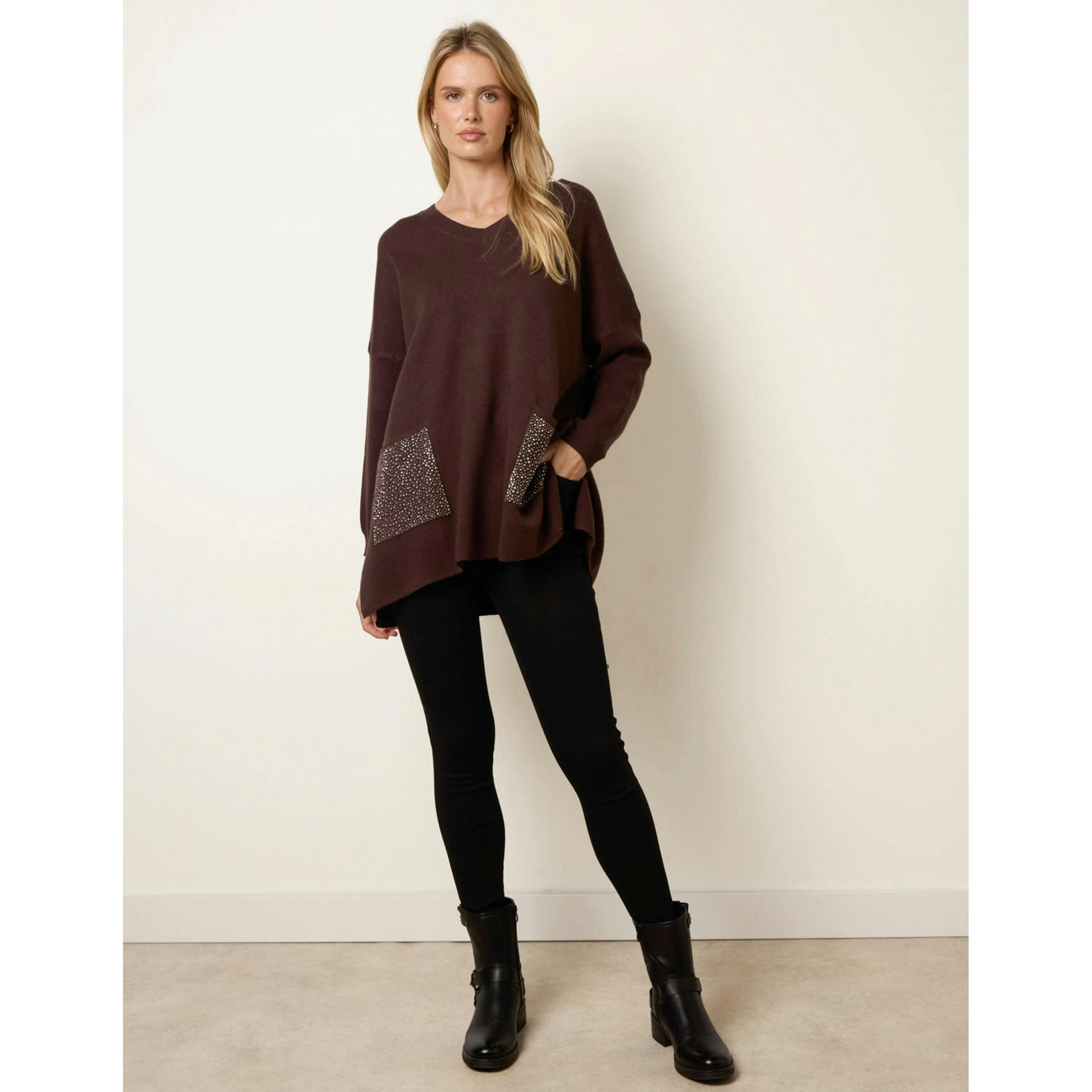 Blue Vanilla Diamante Pocket Knit Jumper  in Brown , view 3 of 4