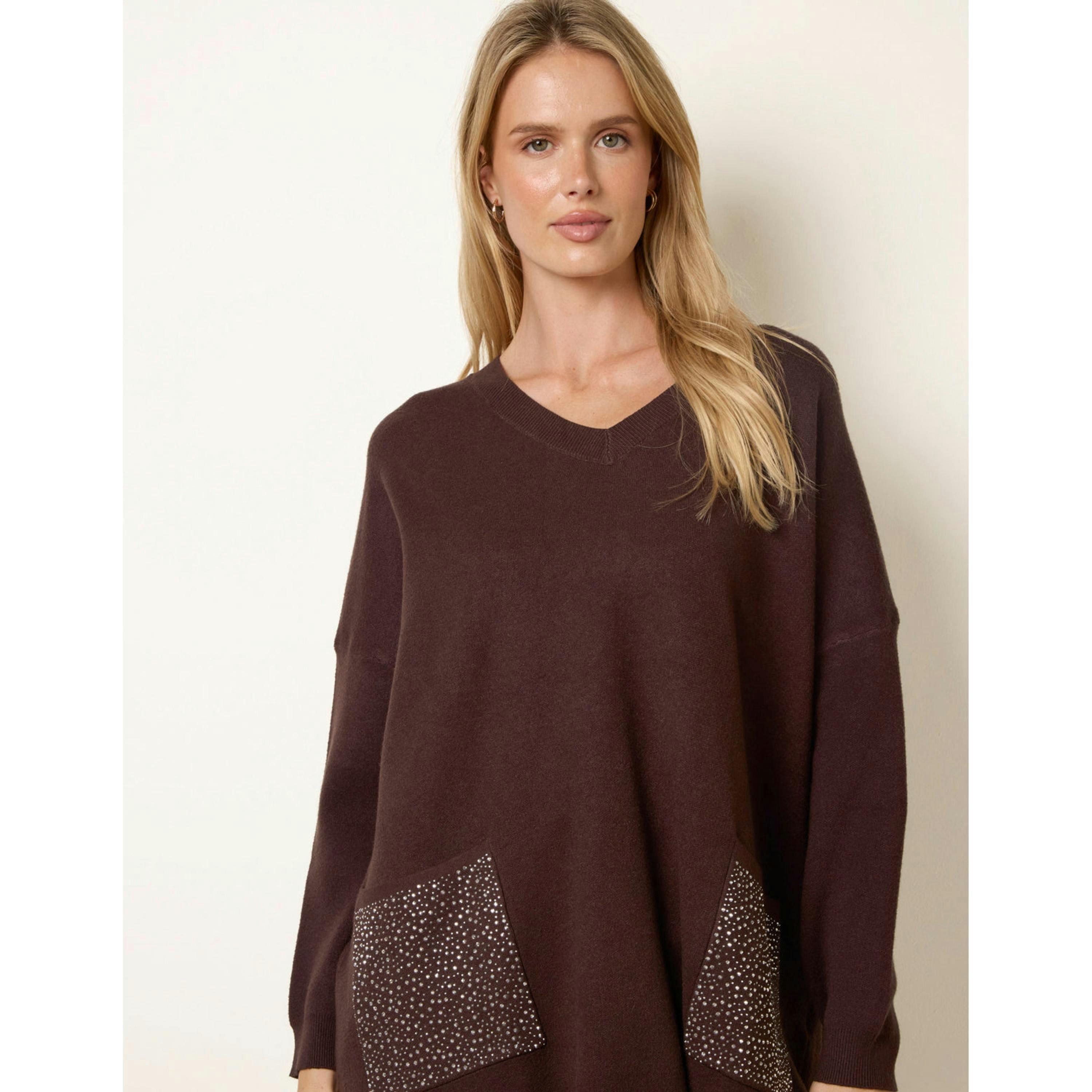 Blue Vanilla Diamante Pocket Knit Jumper  in Brown , view 4 of 4